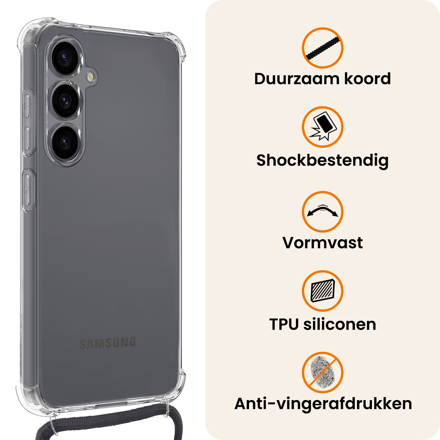 Nomfy Nomfy Samsung Galaxy S25 Hoesje Transparant Shockproof Met Zwart Koord