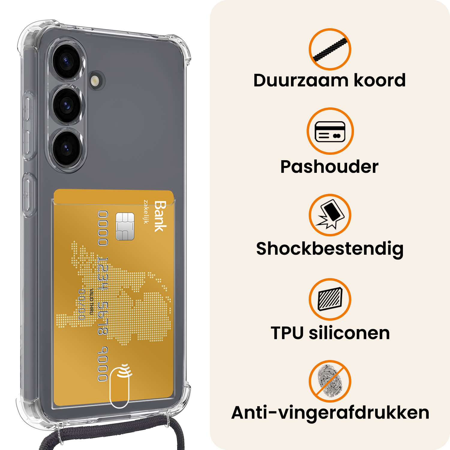 Nomfy Nomfy Samsung Galaxy S25 Hoesje Pashouder met Koord Met Screenprotector
