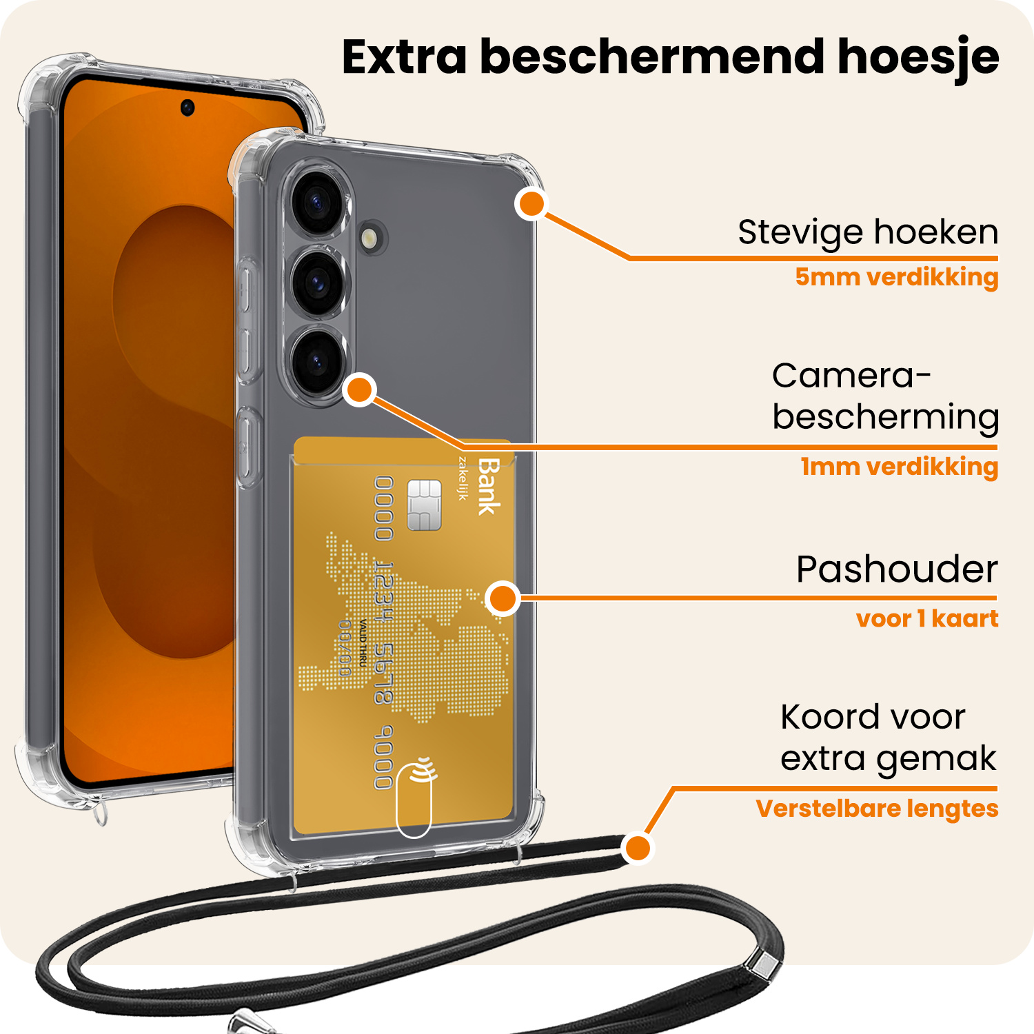 Nomfy Nomfy Samsung Galaxy S25 Hoesje Pashouder met Koord Met Screenprotector