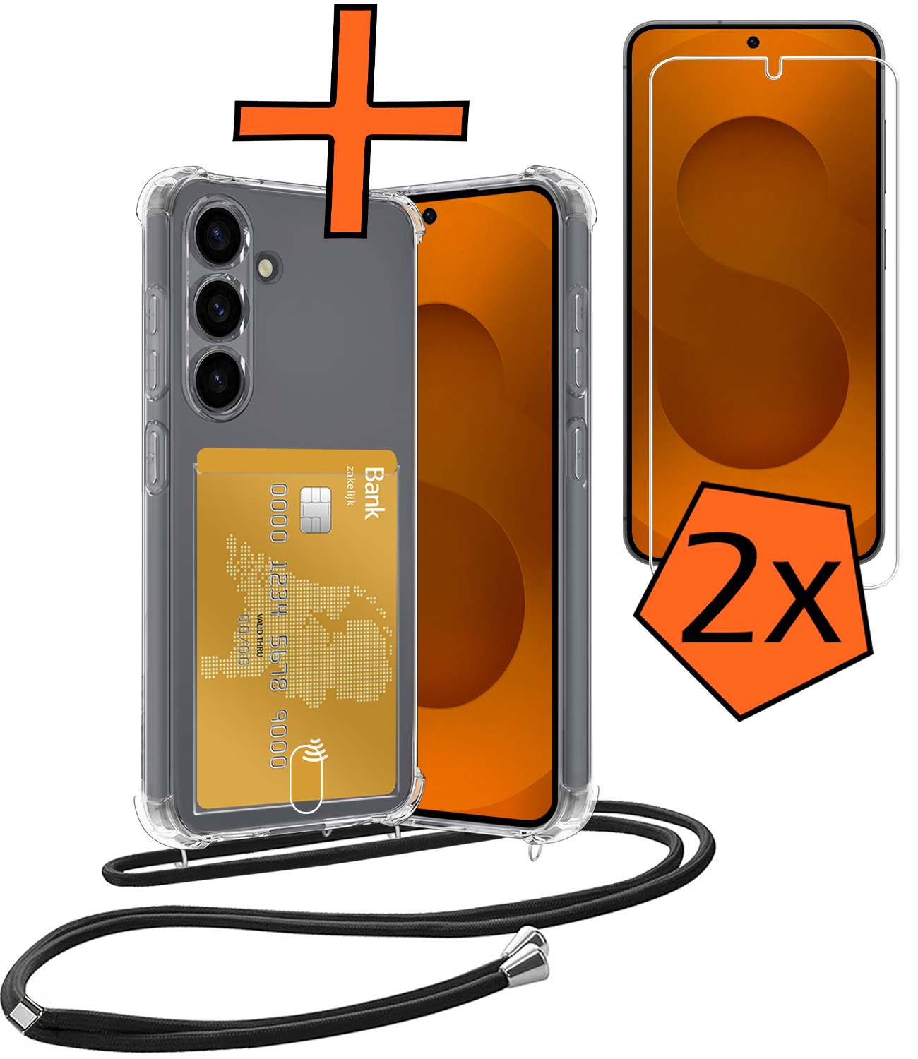 Nomfy Nomfy Samsung Galaxy S25 Hoesje Pashouder met Koord Met 2x Screenprotector