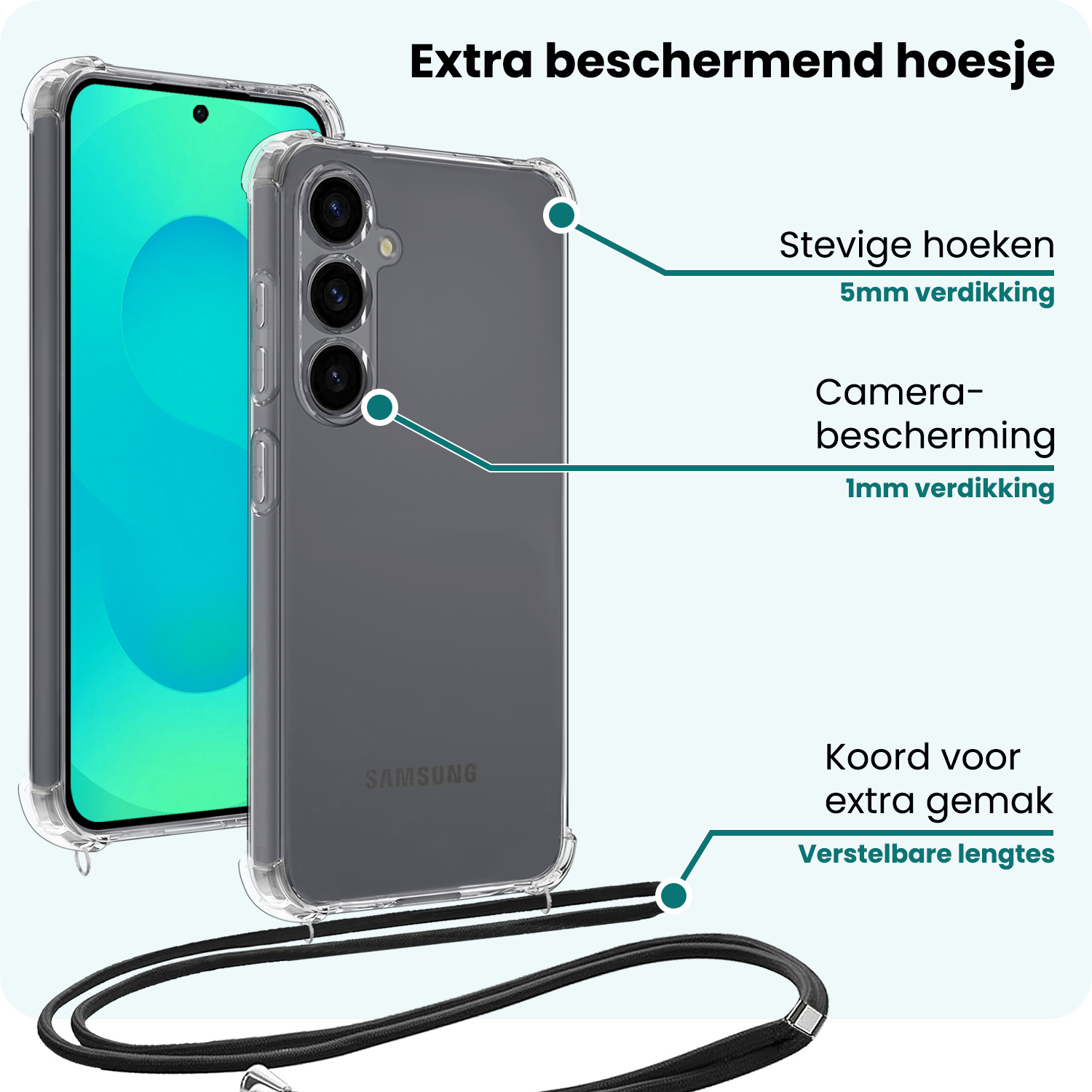 Forterra Forterra Samsung Galaxy S25 Hoesje Transparant Shockproof Met Zwart Koord