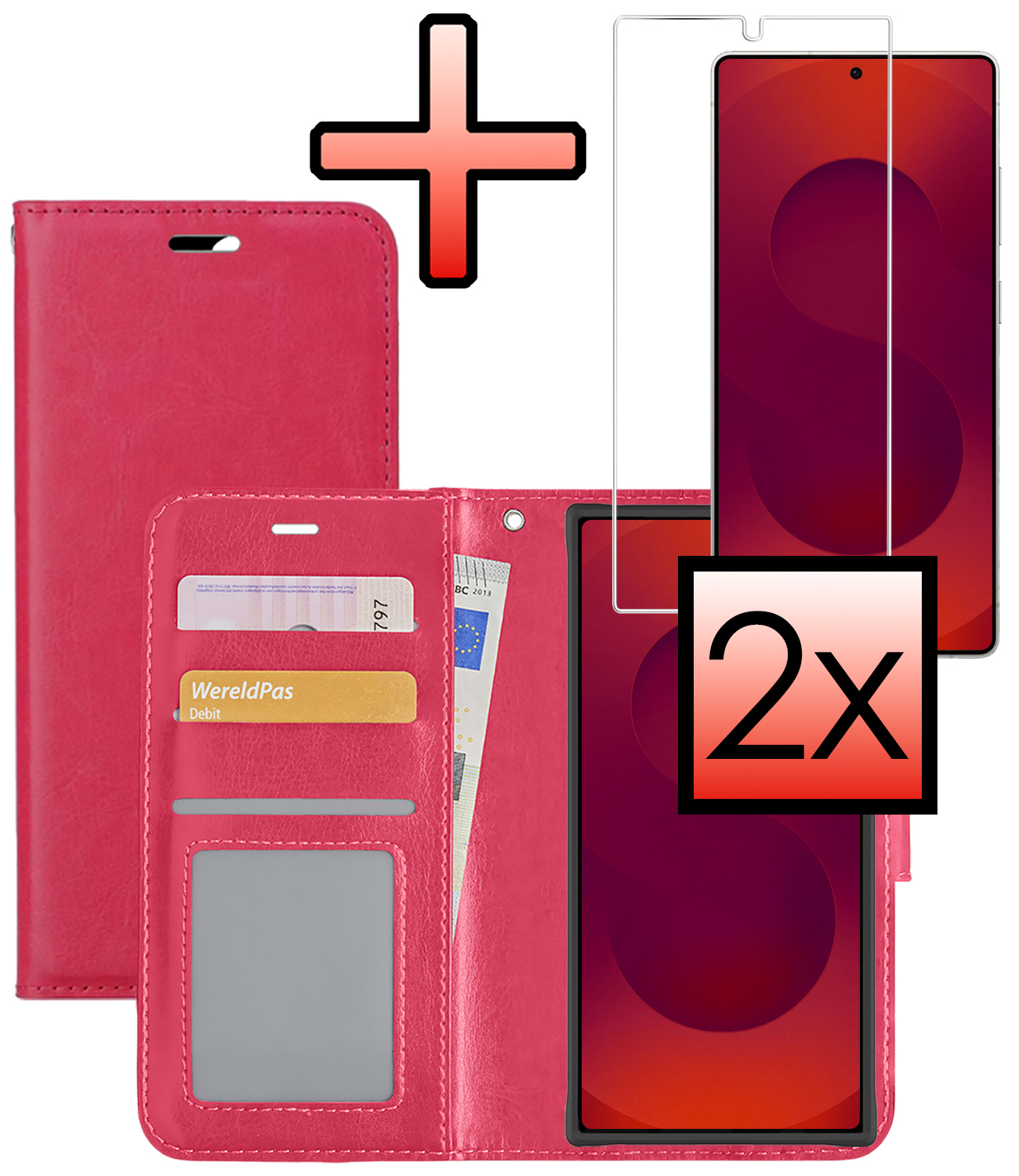 NoXx NoXx Samsung Galaxy S25 Ultra Hoesje Bookcase Met 2x Screenprotector - Donkerroze