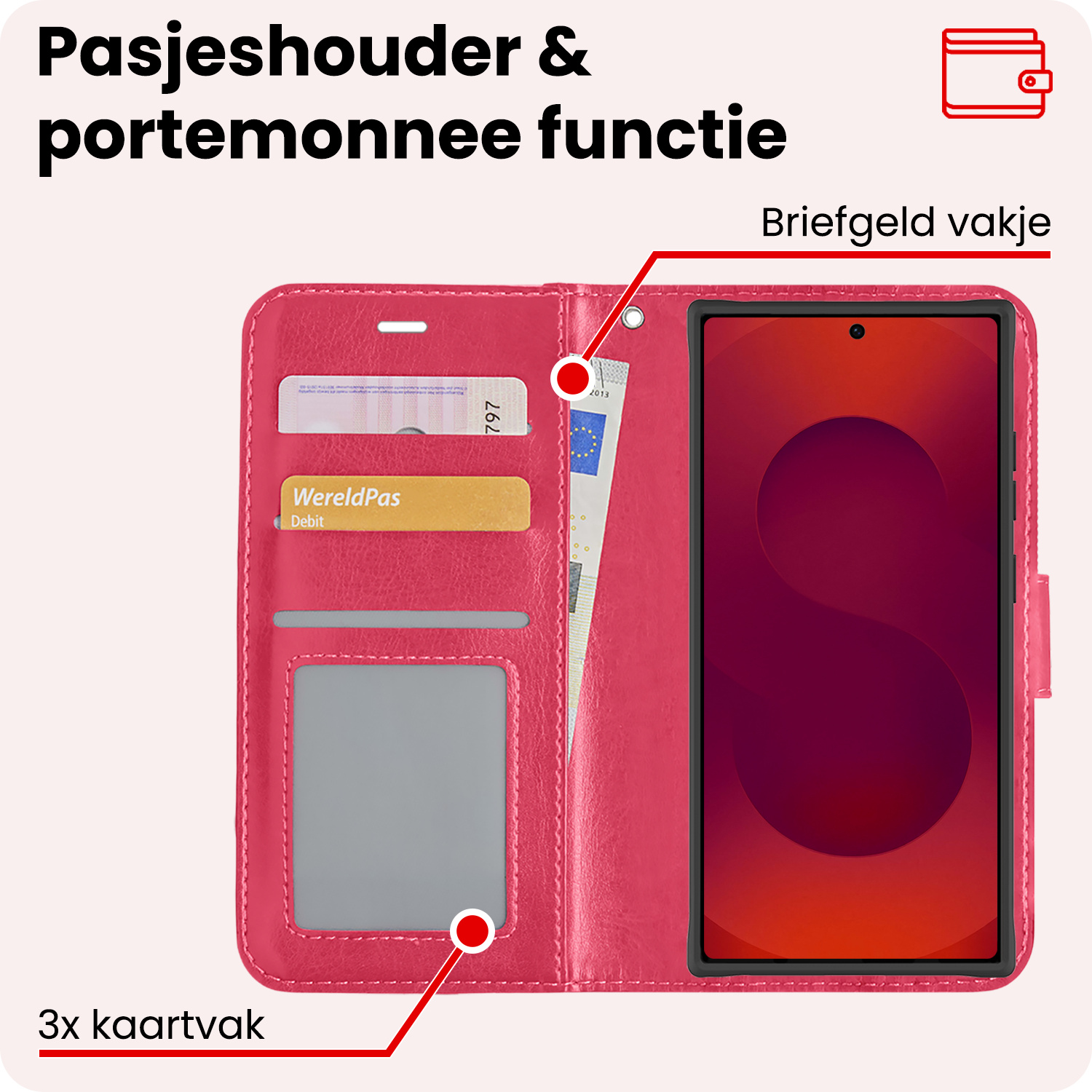 NoXx NoXx Samsung Galaxy S25 Ultra Hoesje Bookcase Met 2x Screenprotector - Donkerroze