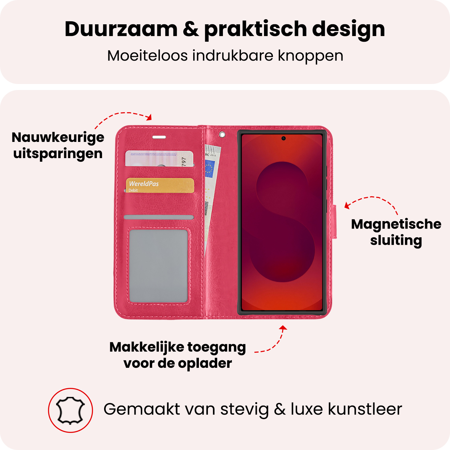 NoXx NoXx Samsung Galaxy S25 Ultra Hoesje Bookcase Met 2x Screenprotector - Donkerroze