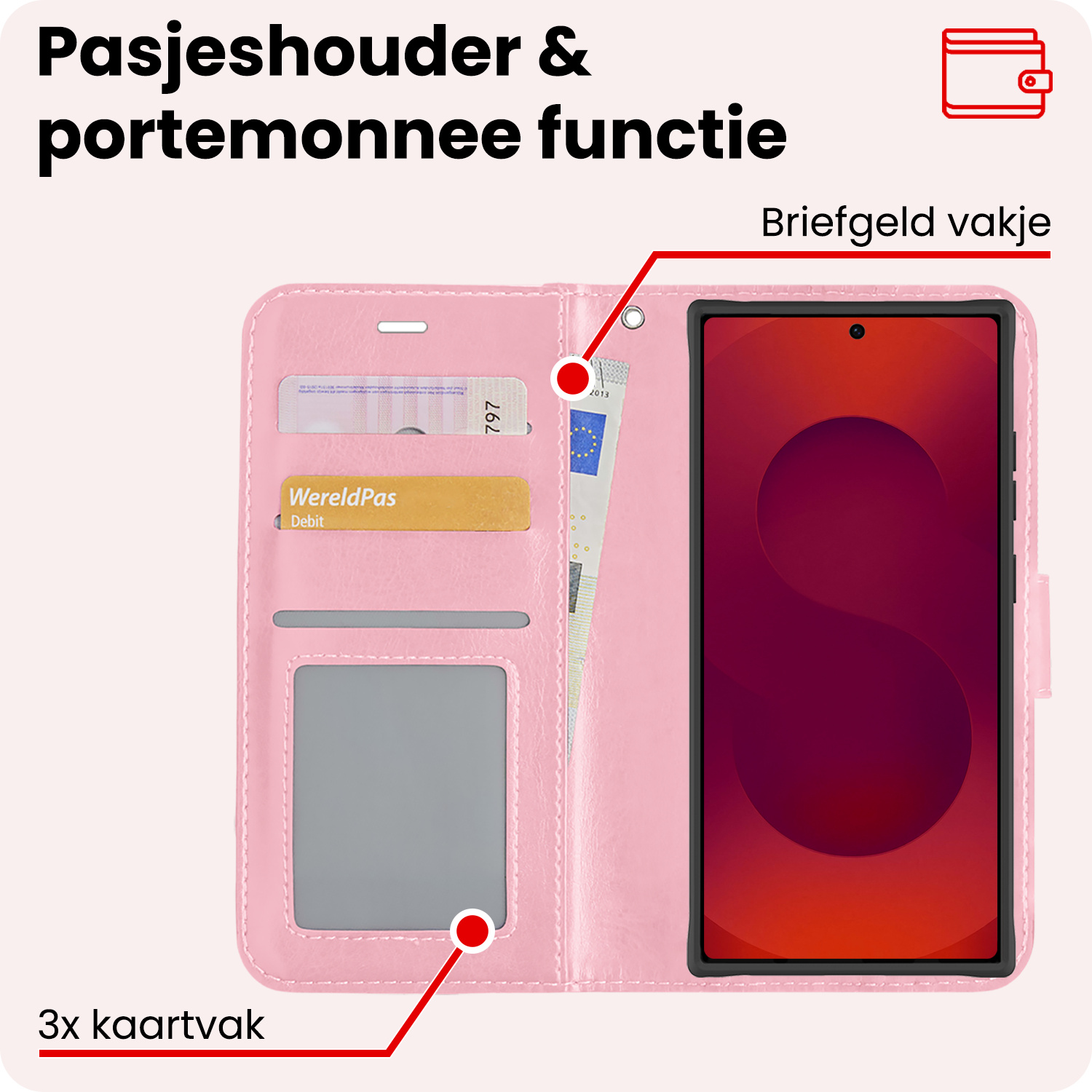 NoXx NoXx Samsung Galaxy S25 Ultra Hoesje Bookcase Met 2x Screenprotector - Lichtroze