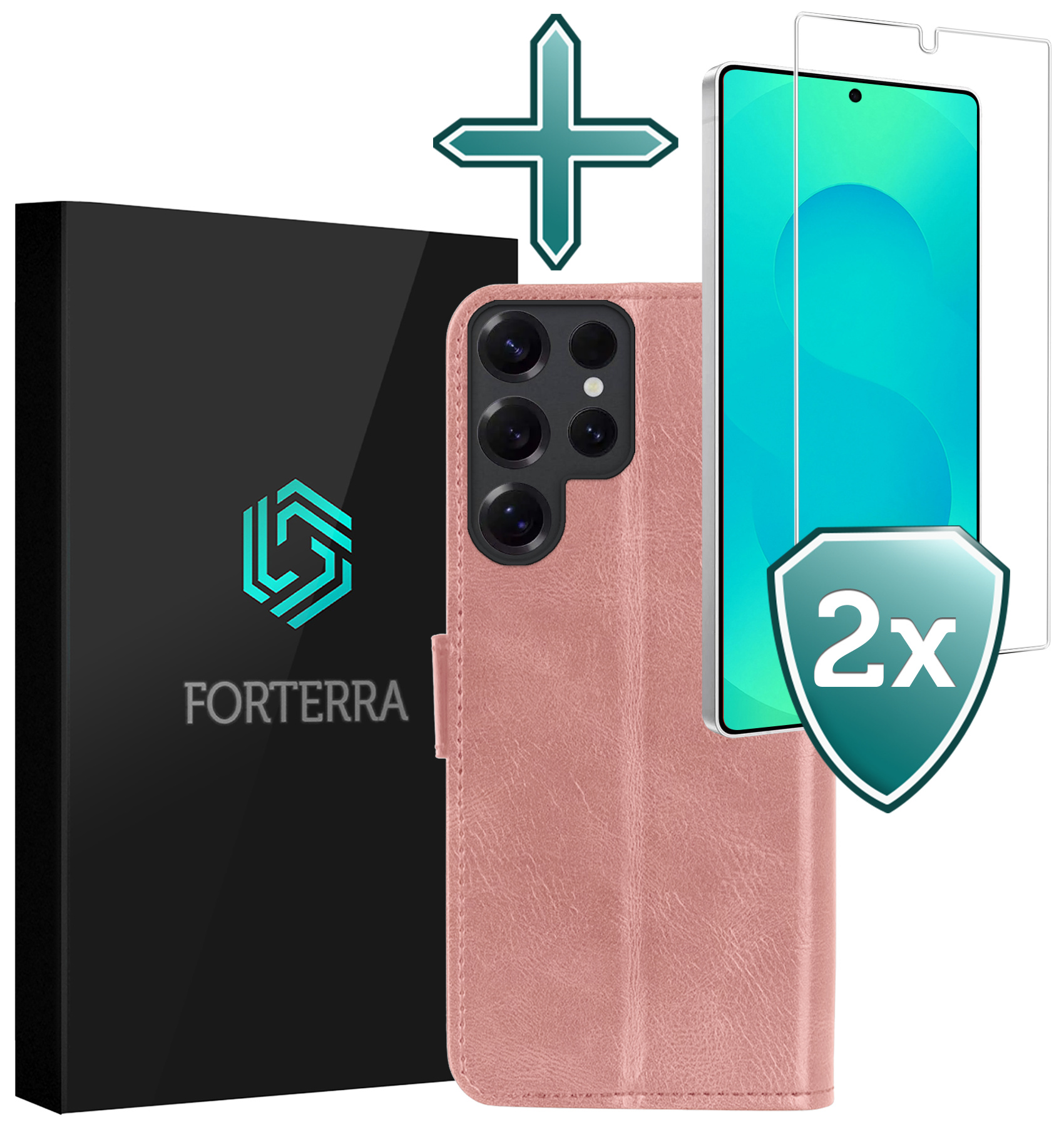 Forterra Forterra Samsung Galaxy S25 Ultra Hoesje Bookcase Met 2x Screenprotector - Rose Goud