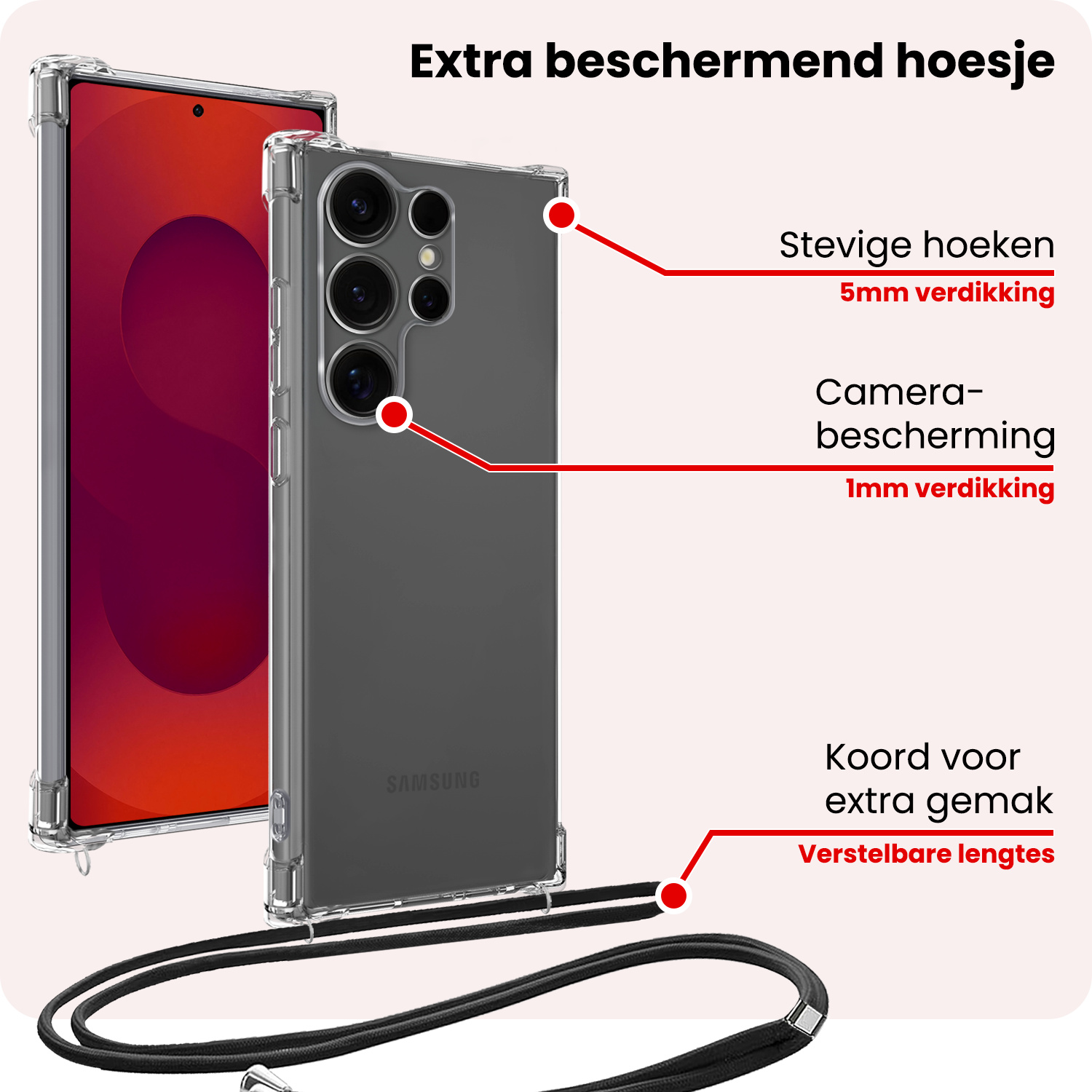 NoXx NoXx Samsung Galaxy S25 Ultra Hoesje Transparant Shockproof Met Zwart Koord