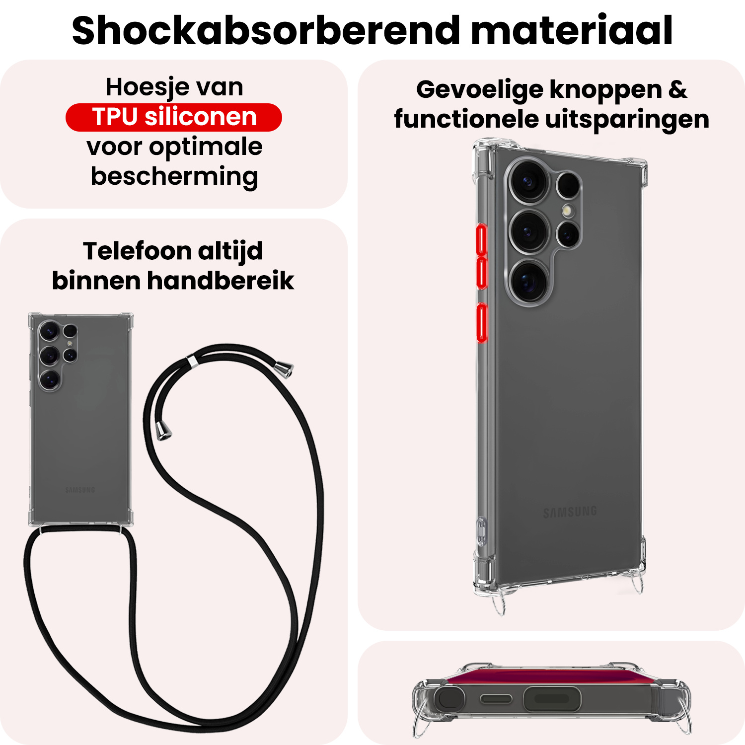 NoXx NoXx Samsung Galaxy S25 Ultra Hoesje Transparant Shockproof Met Zwart Koord