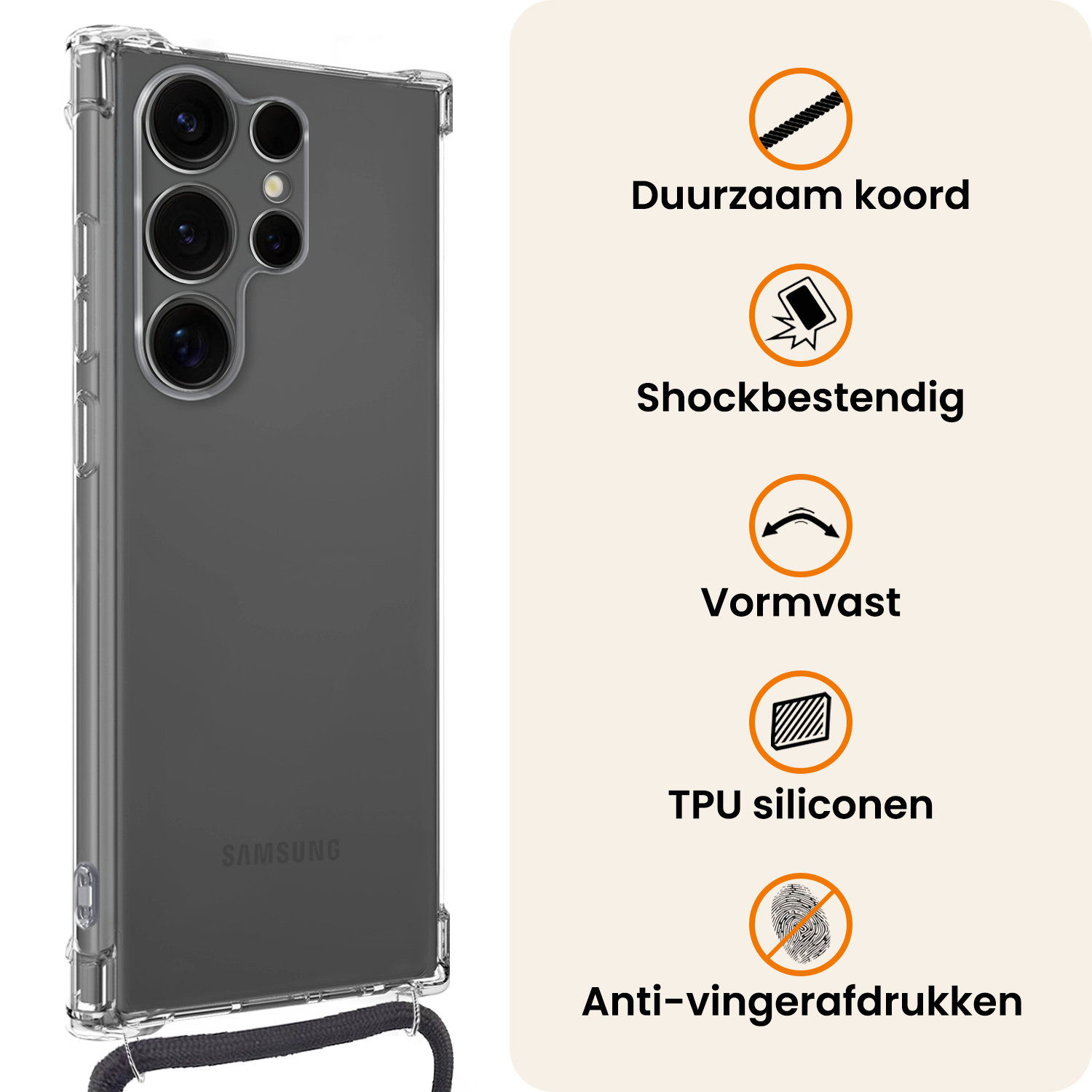 Nomfy Nomfy Samsung Galaxy S25 Ultra Hoesje Transparant Shockproof Met Zwart Koord