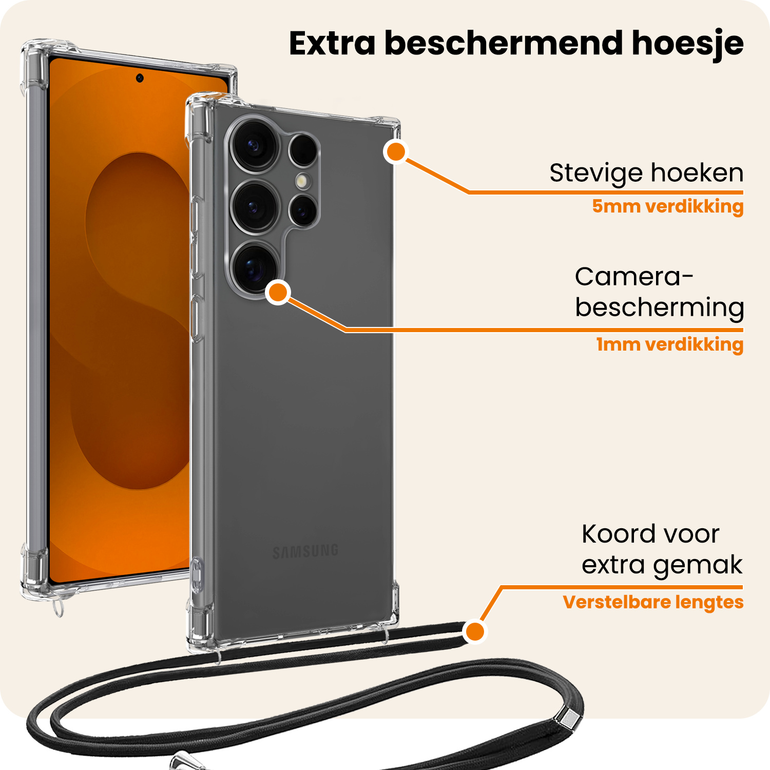 Nomfy Nomfy Samsung Galaxy S25 Ultra Hoesje Transparant Shockproof Met Zwart Koord