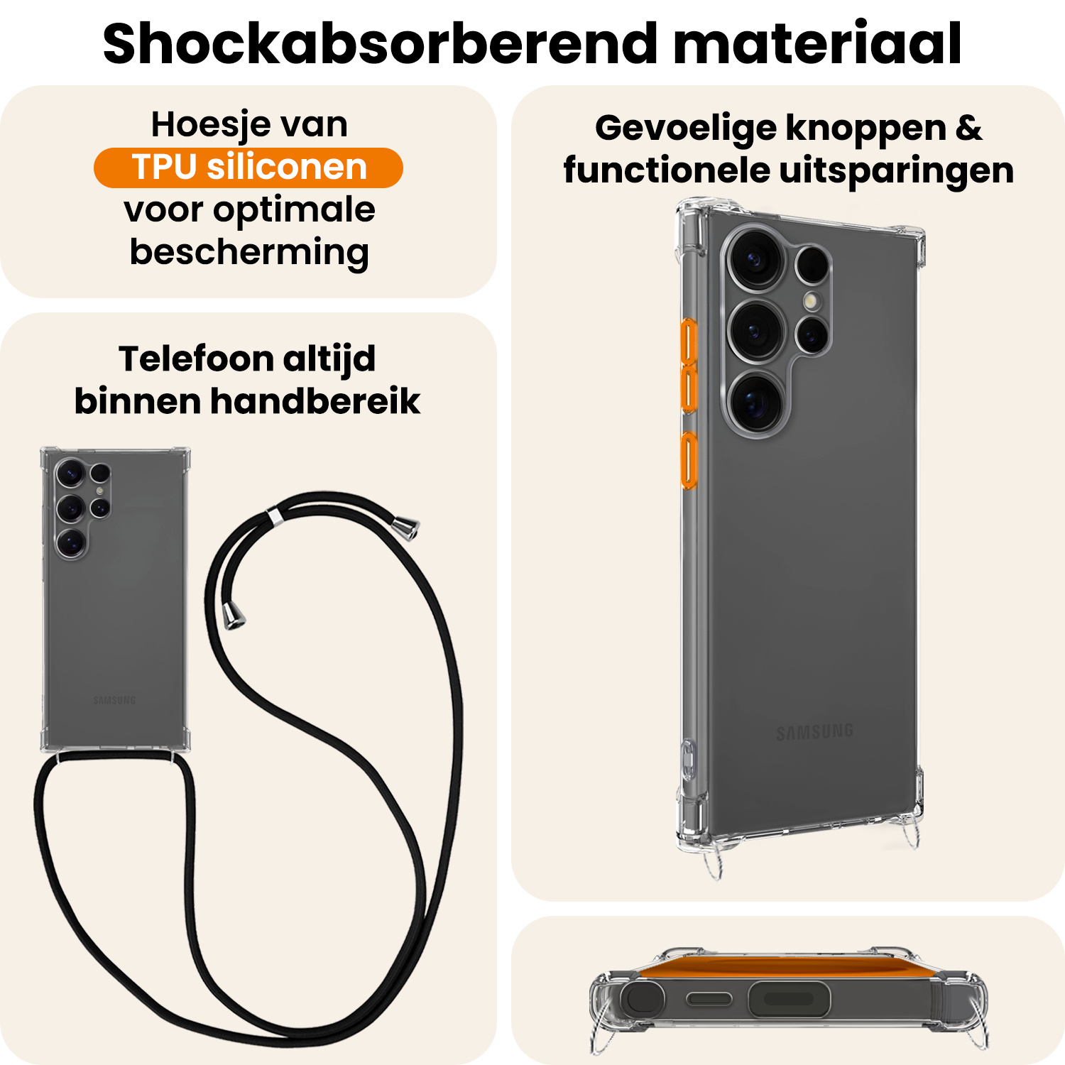 Nomfy Nomfy Samsung Galaxy S25 Ultra Hoesje Transparant Shockproof Met Zwart Koord