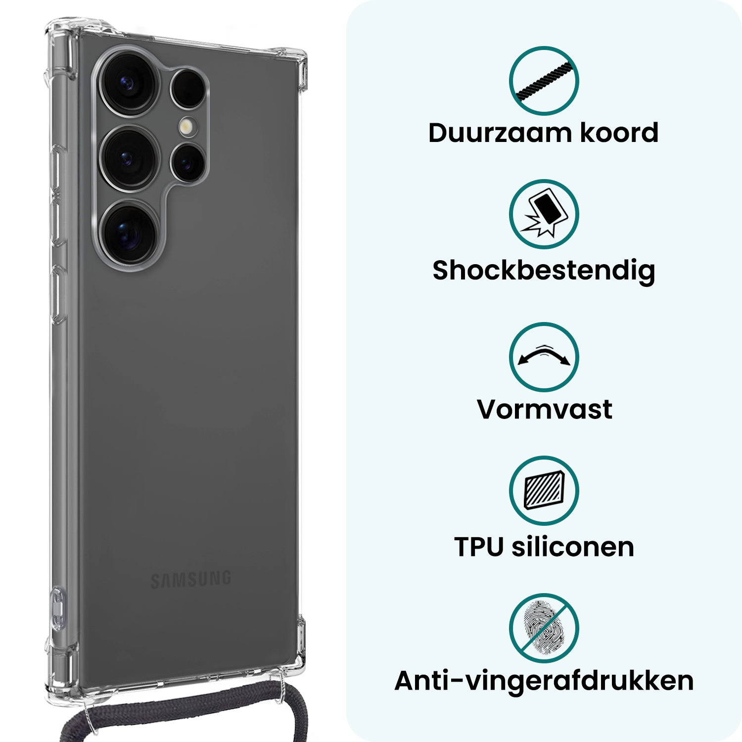 Forterra Forterra Samsung Galaxy S25 Ultra Hoesje Transparant Shockproof Met Zwart Koord