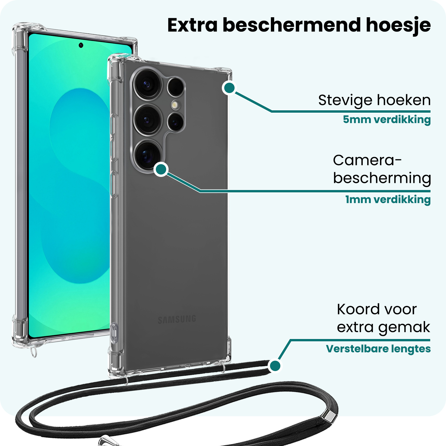 Forterra Forterra Samsung Galaxy S25 Ultra Hoesje Transparant Shockproof Met Zwart Koord