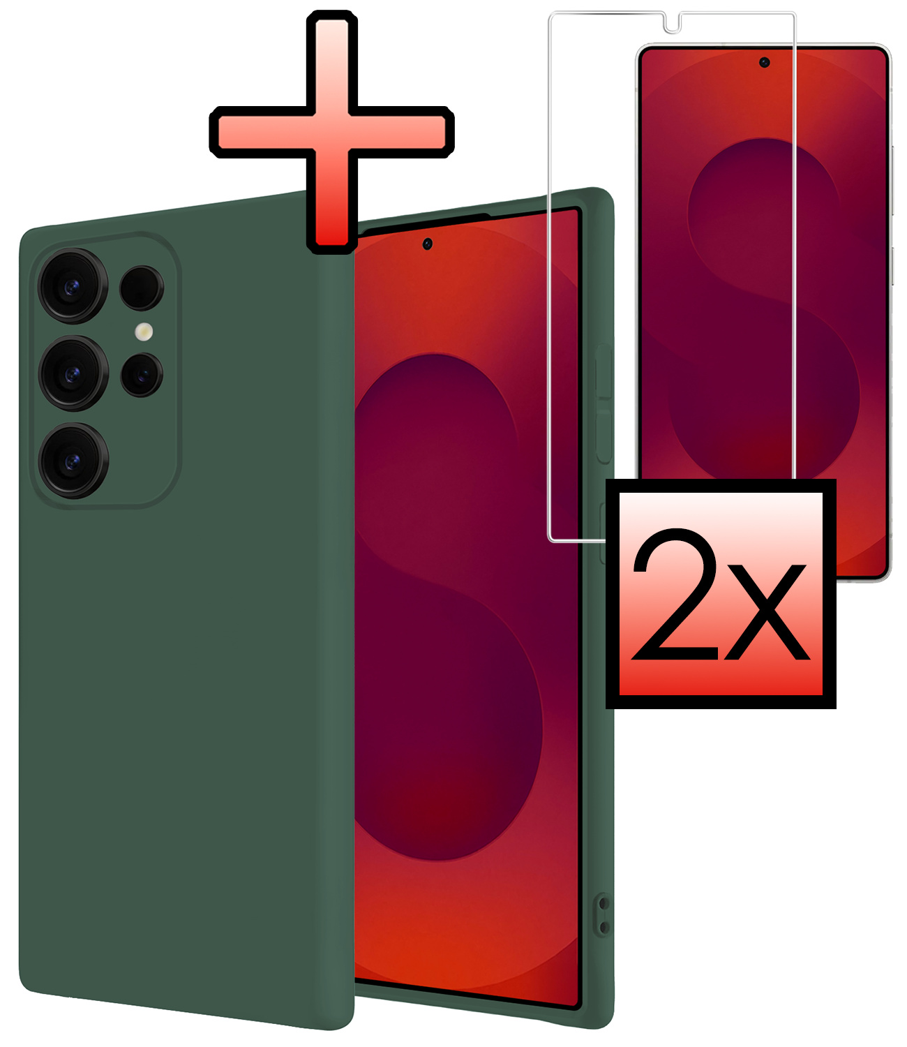 NoXx NoXx Samsung Galaxy S25 Ultra Hoesje Siliconen Met 2x Screenprotector - Donkergroen