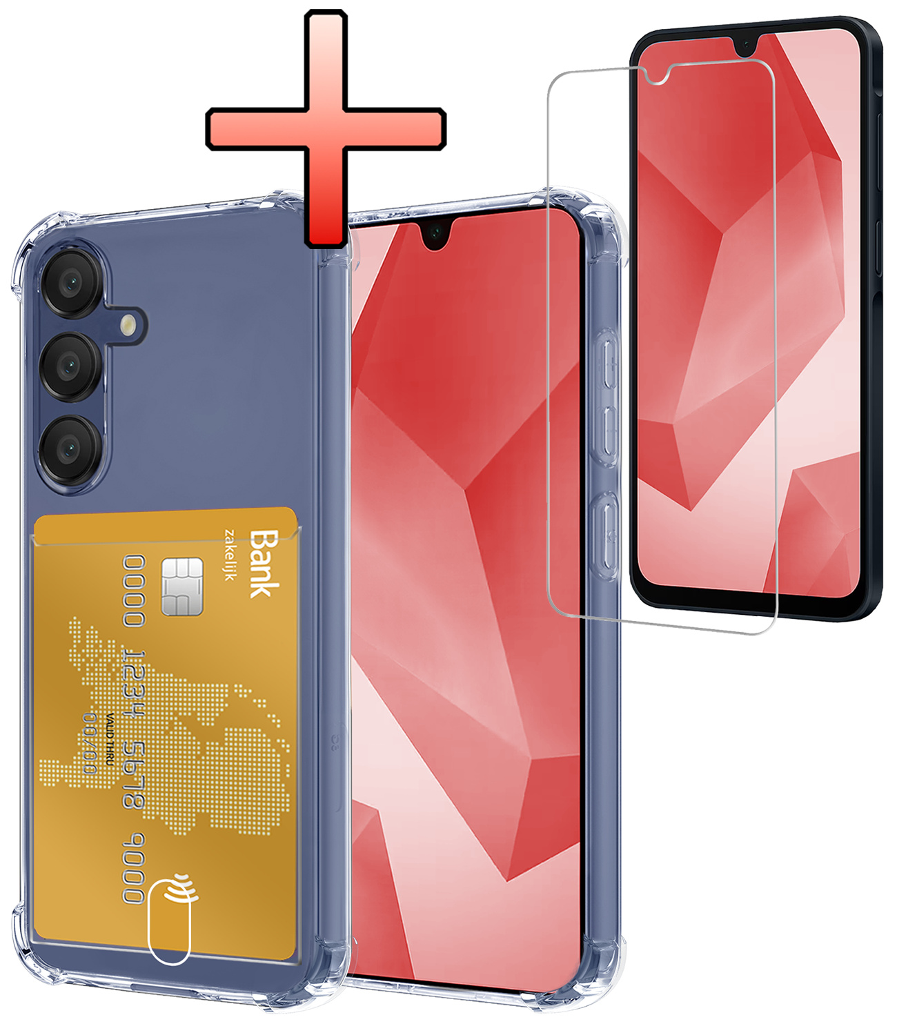 NoXx Hoes Geschikt voor Samsung A16 Hoesje Pasjeshouder Cover Shock Proof Case Siliconen Hoes Met Kaarthouder Met Screenprotector - Transparant