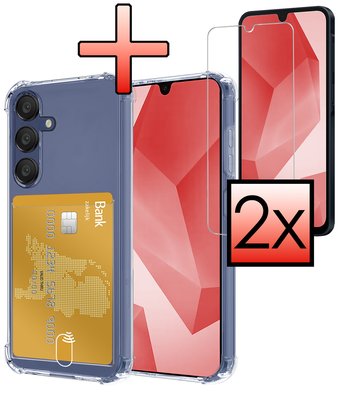 NoXx Hoes Geschikt voor Samsung A16 Hoesje Pasjeshouder Cover Shock Proof Case Siliconen Hoes Met Kaarthouder Met 2x Screenprotector - Transparant