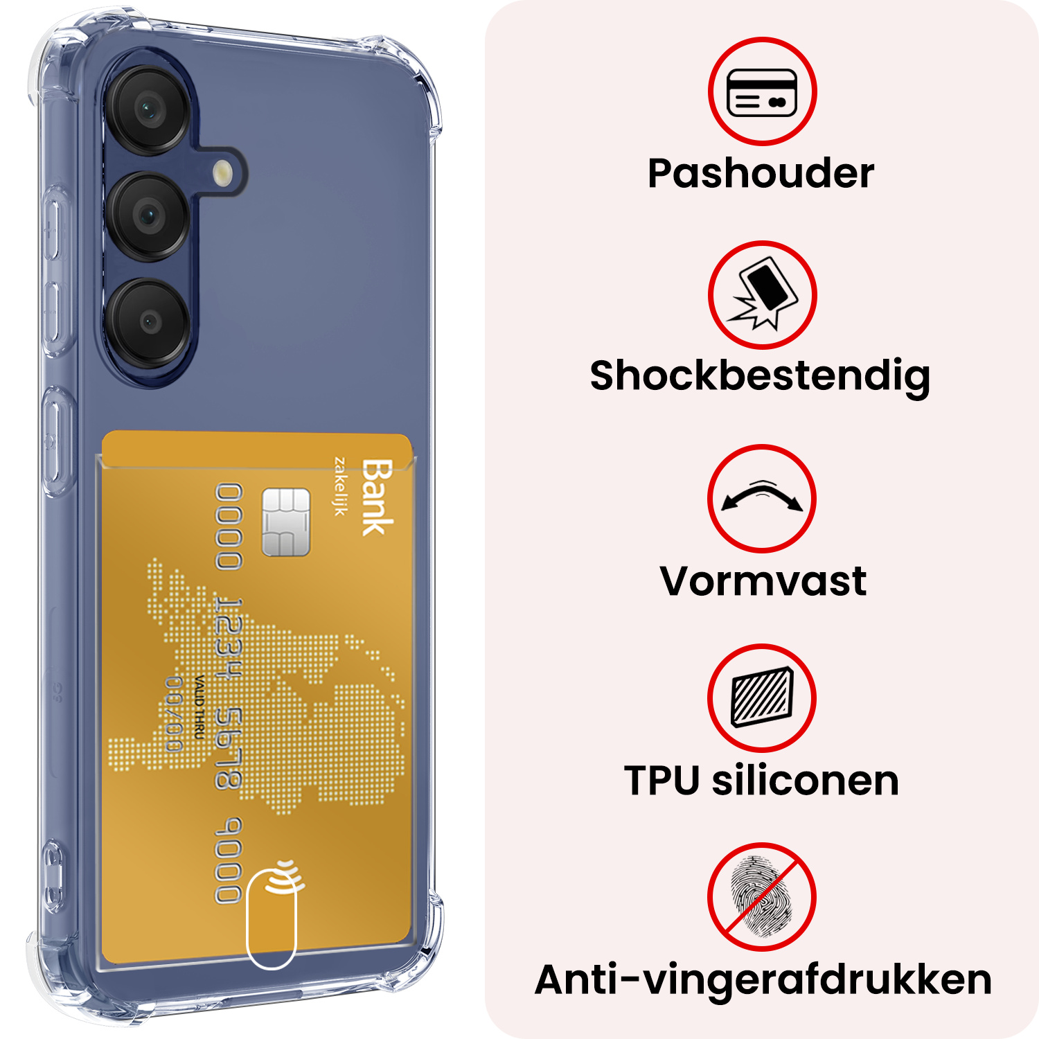 NoXx Hoes Geschikt voor Samsung A16 Hoesje Pasjeshouder Cover Shock Proof Case Siliconen Hoes Met Kaarthouder Met 2x Screenprotector - Transparant