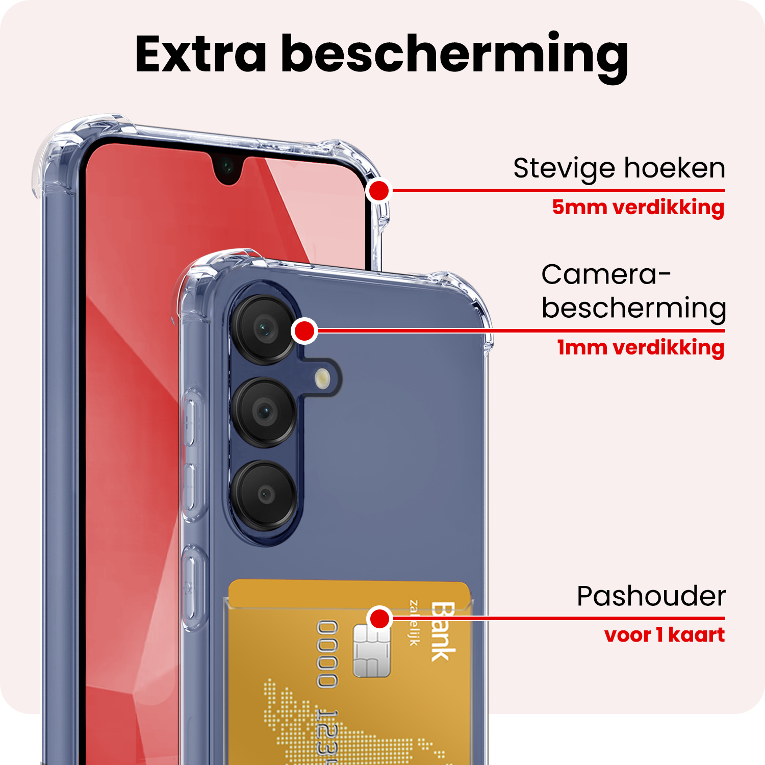 NoXx Hoes Geschikt voor Samsung A16 Hoesje Pasjeshouder Cover Shock Proof Case Siliconen Hoes Met Kaarthouder Met 2x Screenprotector - Transparant
