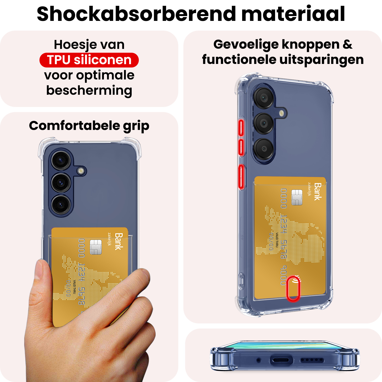 NoXx Hoes Geschikt voor Samsung A16 Hoesje Pasjeshouder Cover Shock Proof Case Siliconen Hoes Met Kaarthouder Met 2x Screenprotector - Transparant