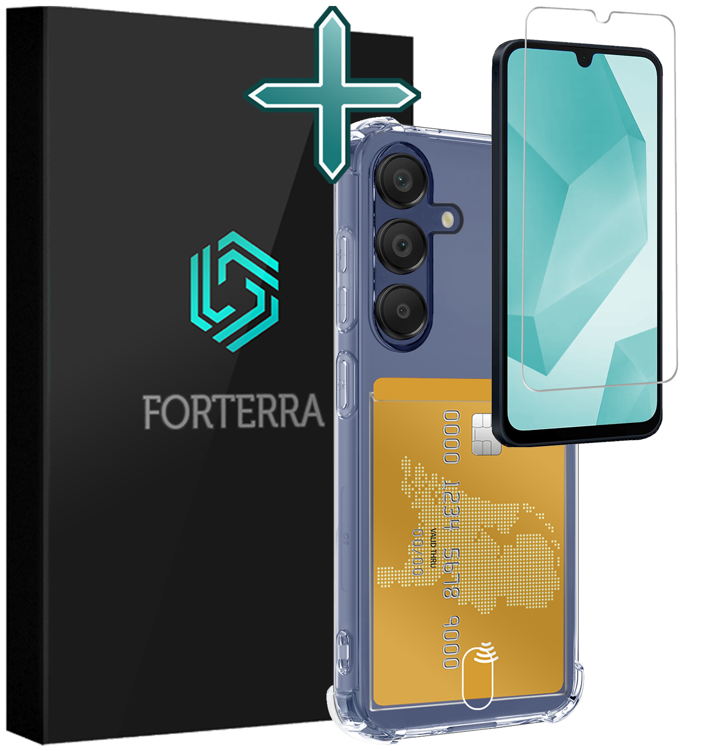 Forterra Hoesje Geschikt voor Samsung A16 Pashouder Case Siliconen Hoes Met Screenprotector - Hoes Geschikt voor Samsung Galaxy A16 Hoesje Back Cover Met Pasjeshouder - Transparant