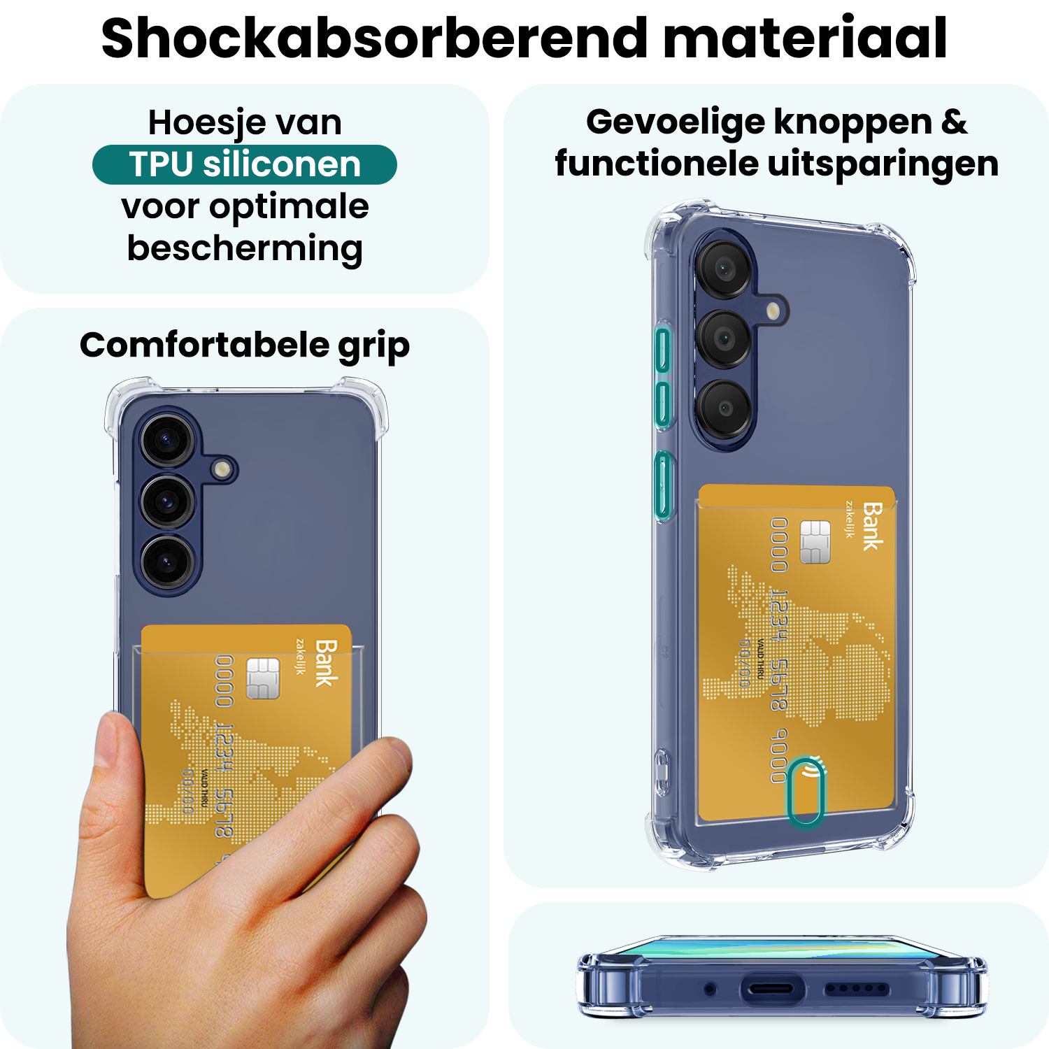 Forterra Hoesje Geschikt voor Samsung A16 Pashouder Case Siliconen Hoes Met 2x Screenprotector - Hoes Geschikt voor Samsung Galaxy A16 Hoesje Back Cover Met Pasjeshouder - Transparant