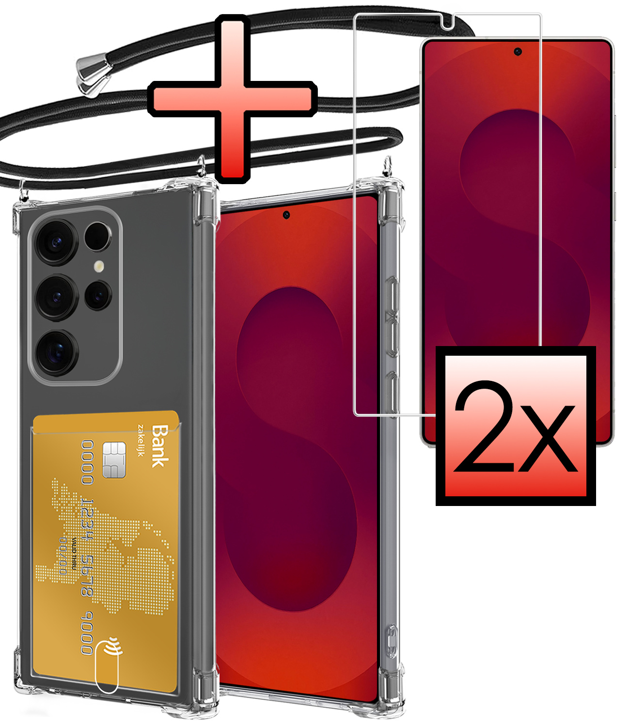 NoXx NoXx Samsung Galaxy S25 Ultra Hoesje Pashouder met Koord Met 2x Screenprotector