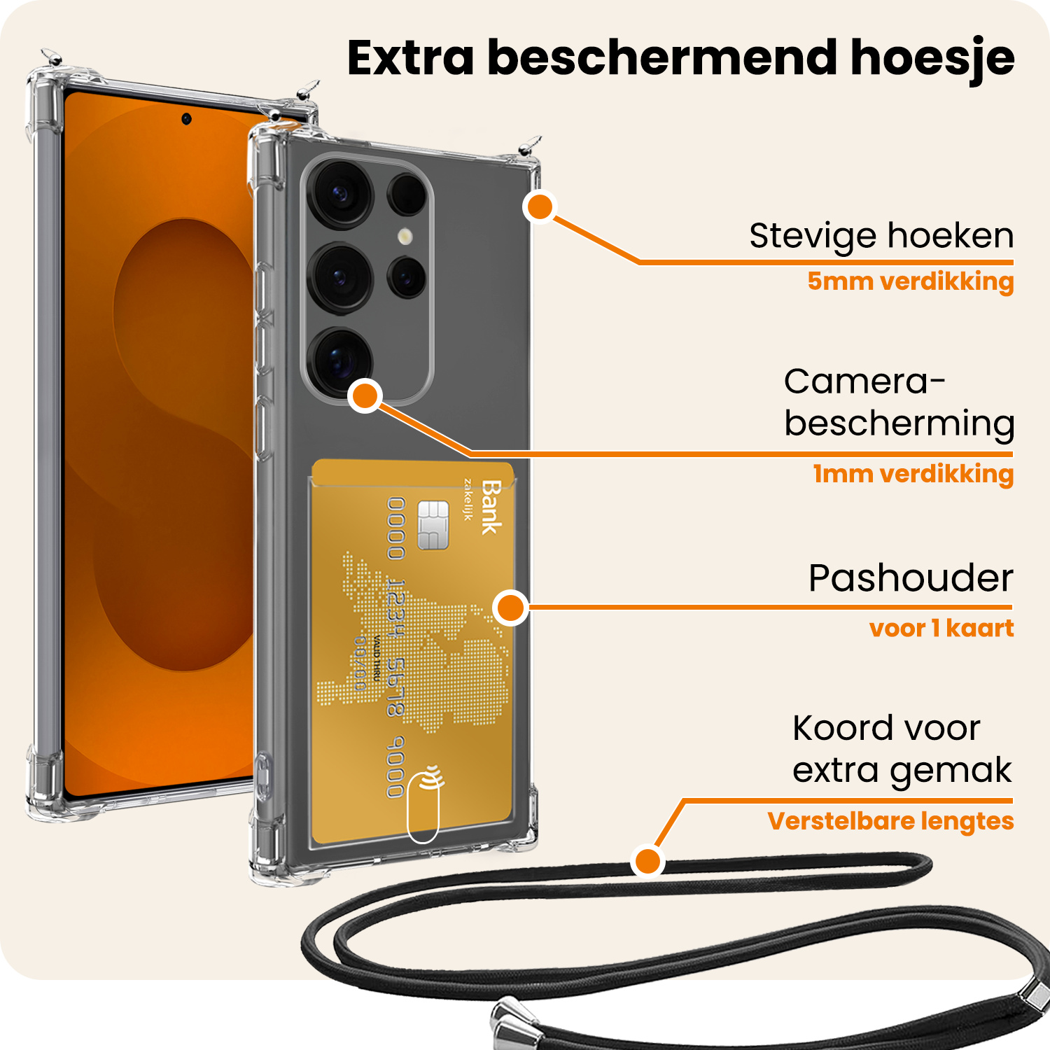 Nomfy Nomfy Samsung Galaxy S25 Ultra Hoesje Pashouder met Koord Met Screenprotector
