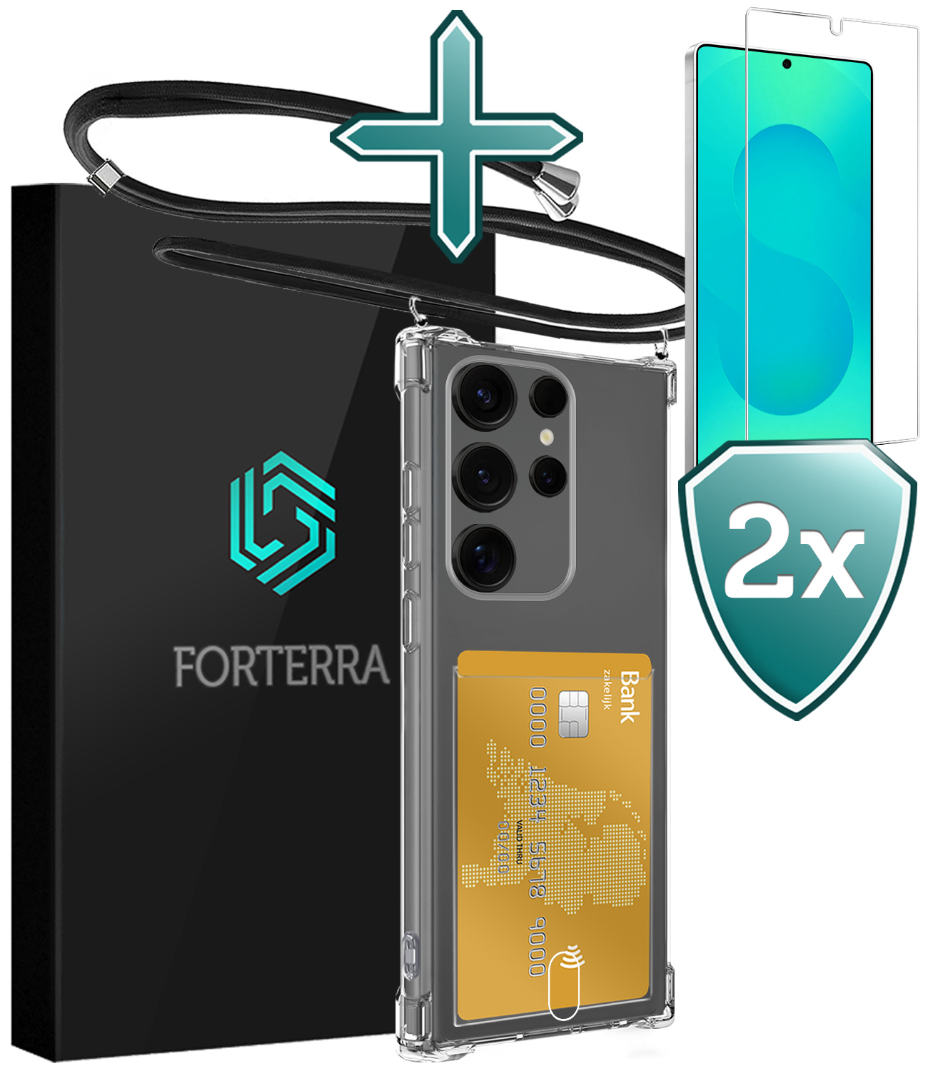 Forterra Forterra Samsung Galaxy S25 Ultra Hoesje Pashouder met Koord Met 2x Screenprotector