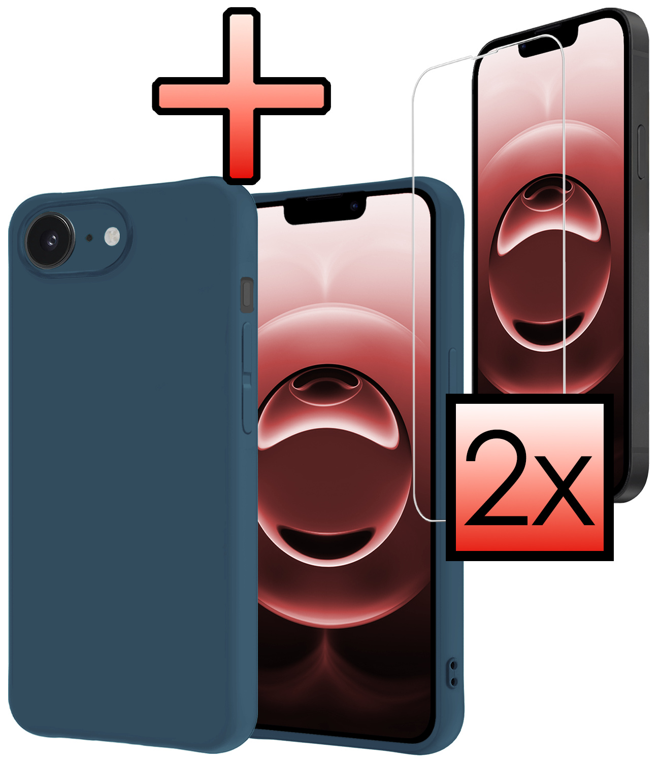 NoXx NoXx iPhone 16E Hoesje Siliconen Met 2x Screenprotector Met Dichte Notch - Donkerblauw