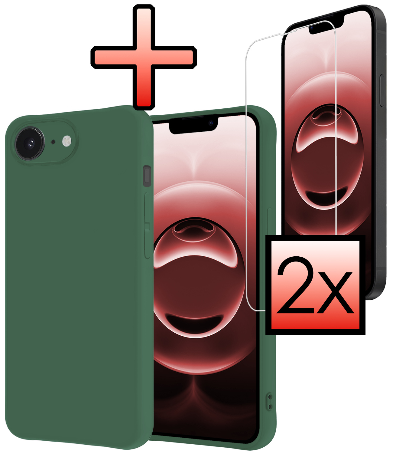 NoXx NoXx iPhone 16E Hoesje Siliconen Met 2x Screenprotector Met Dichte Notch - Donkergroen
