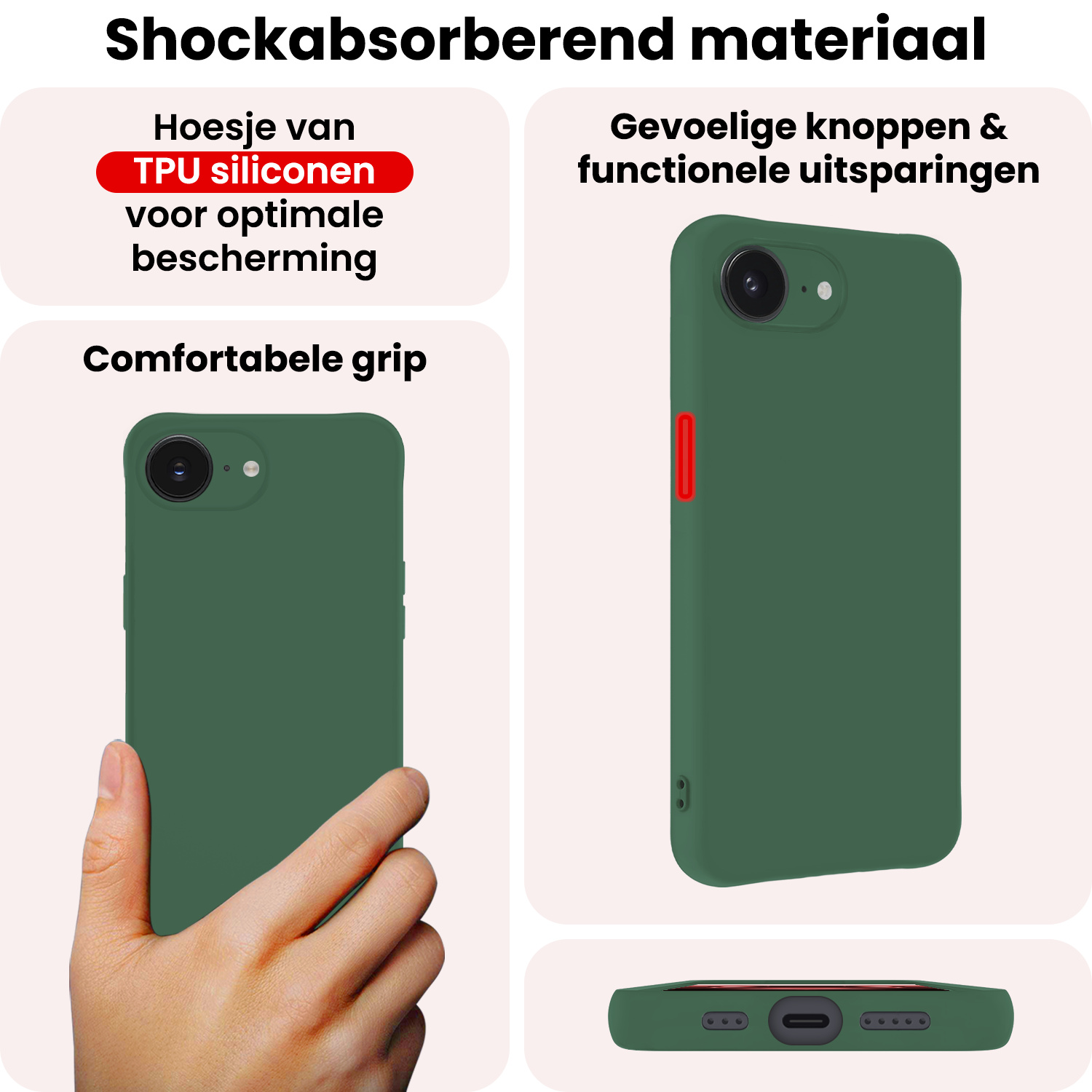 NoXx NoXx iPhone 16E Hoesje Siliconen Met 2x Screenprotector Met Dichte Notch - Donkergroen