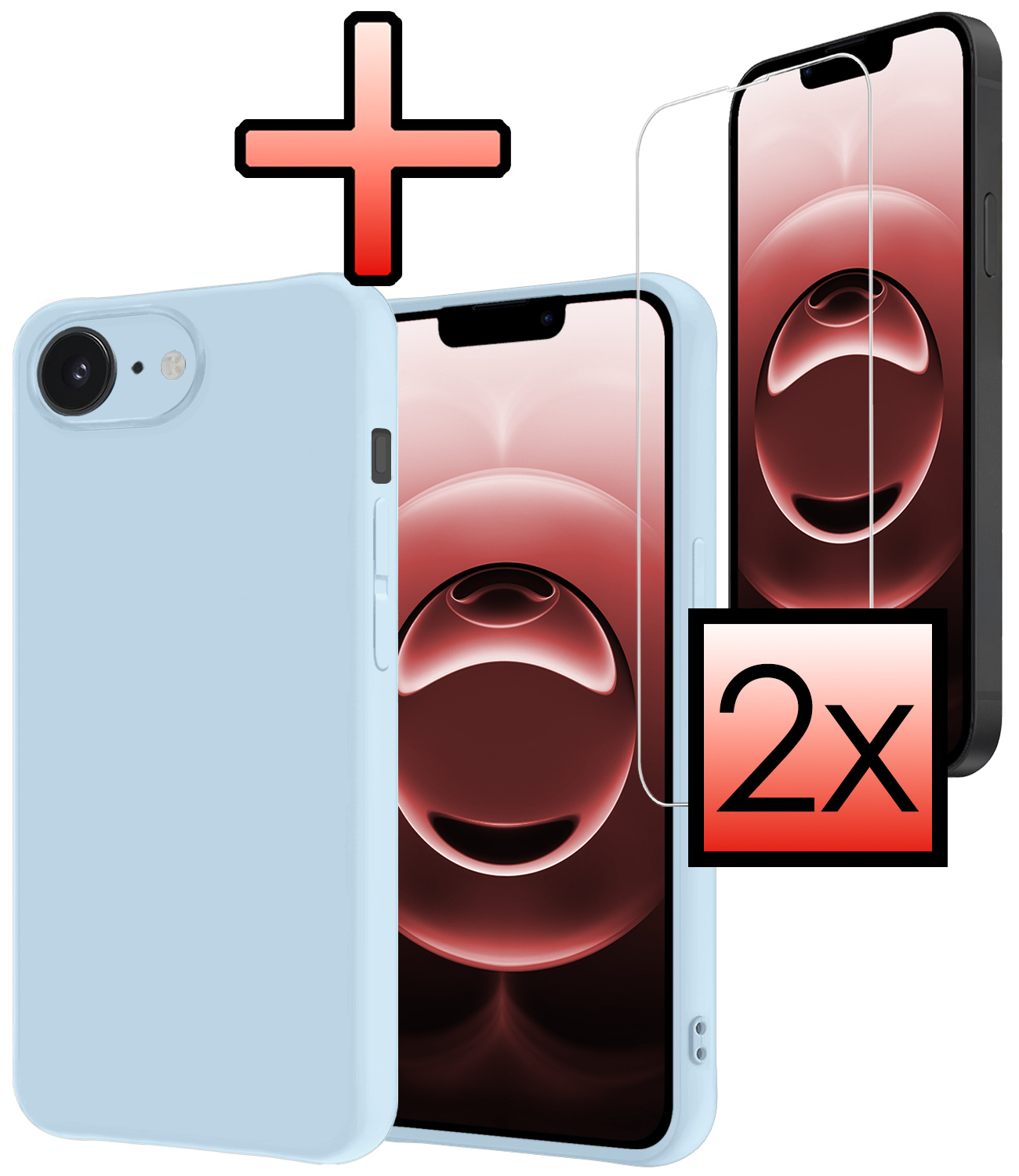 NoXx NoXx iPhone 16E Hoesje Siliconen Met 2x Screenprotector Met Dichte Notch - Lichtblauw