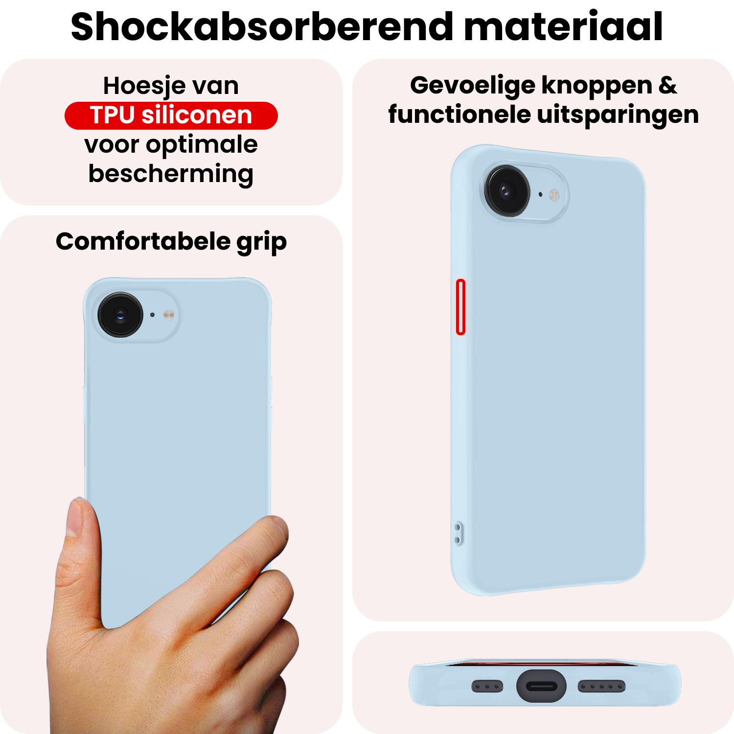 NoXx NoXx iPhone 16E Hoesje Siliconen Met 2x Screenprotector Met Dichte Notch - Lichtblauw