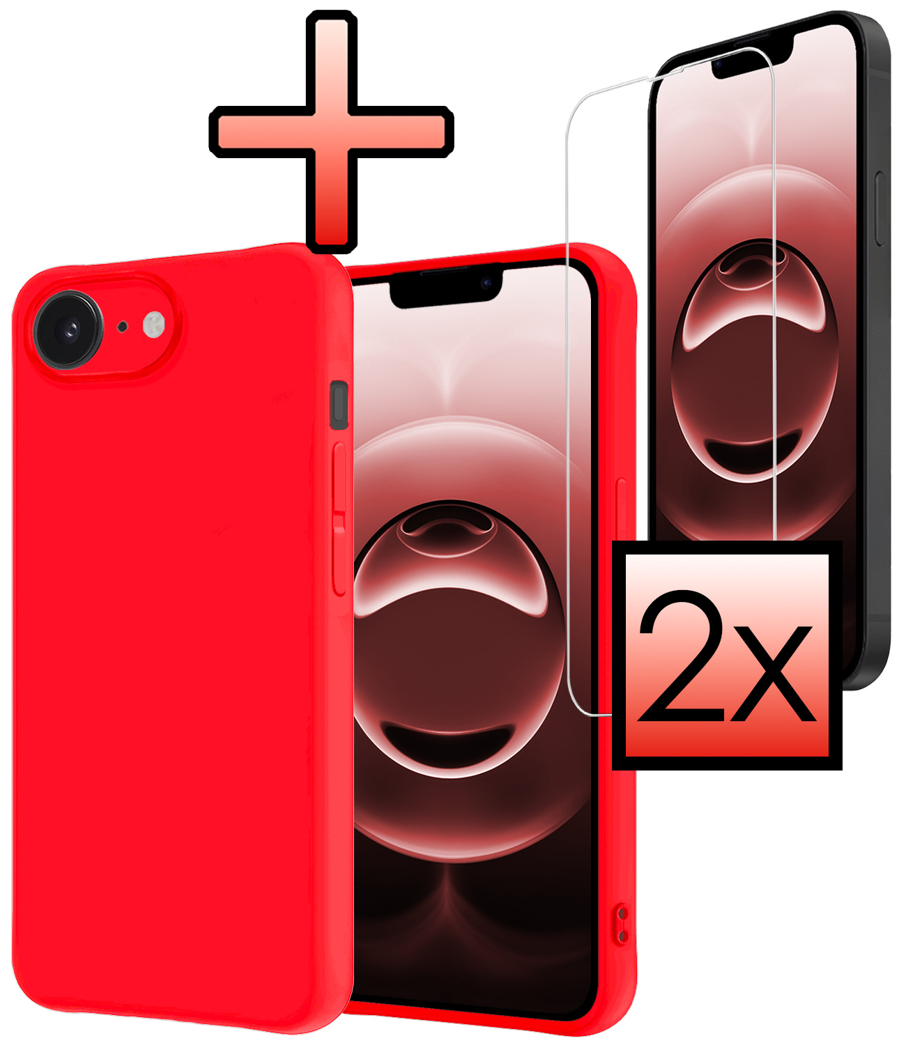 NoXx NoXx iPhone 16E Hoesje Siliconen Met 2x Screenprotector Met Dichte Notch - Rood
