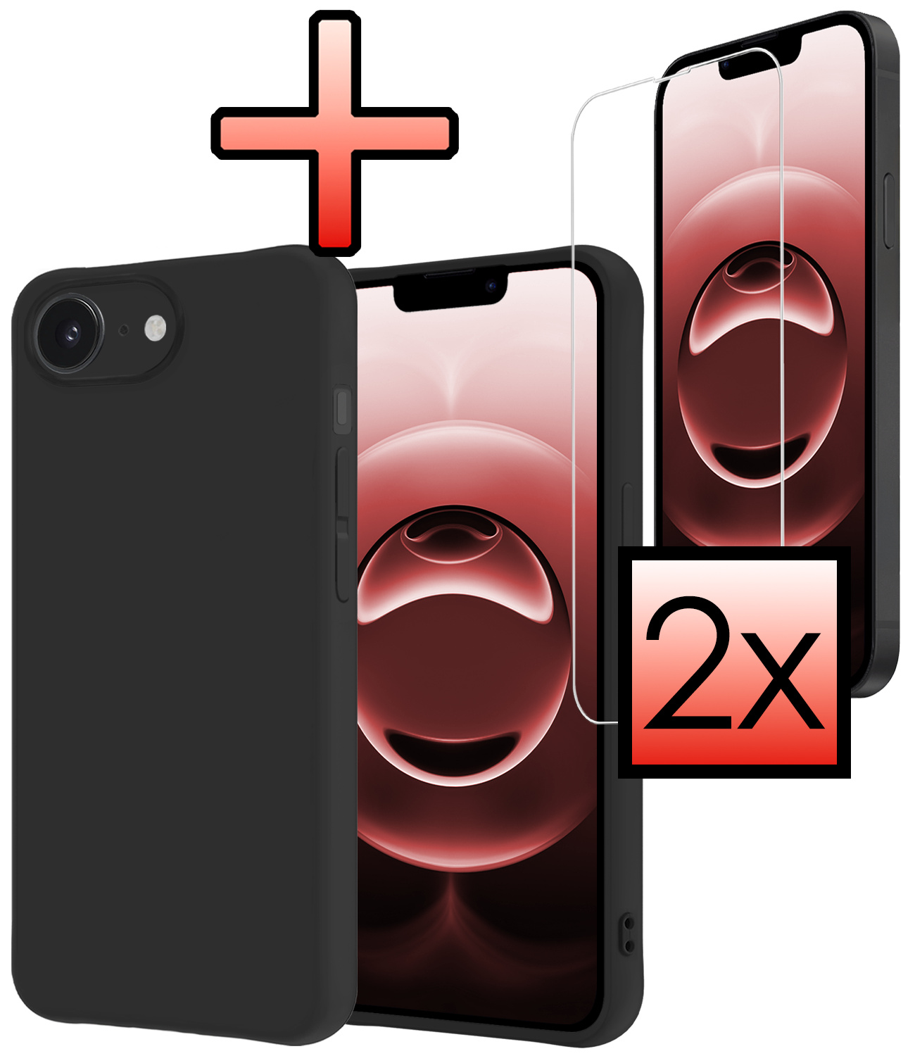 NoXx NoXx iPhone 16E Hoesje Siliconen Met 2x Screenprotector Met Dichte Notch - Zwart