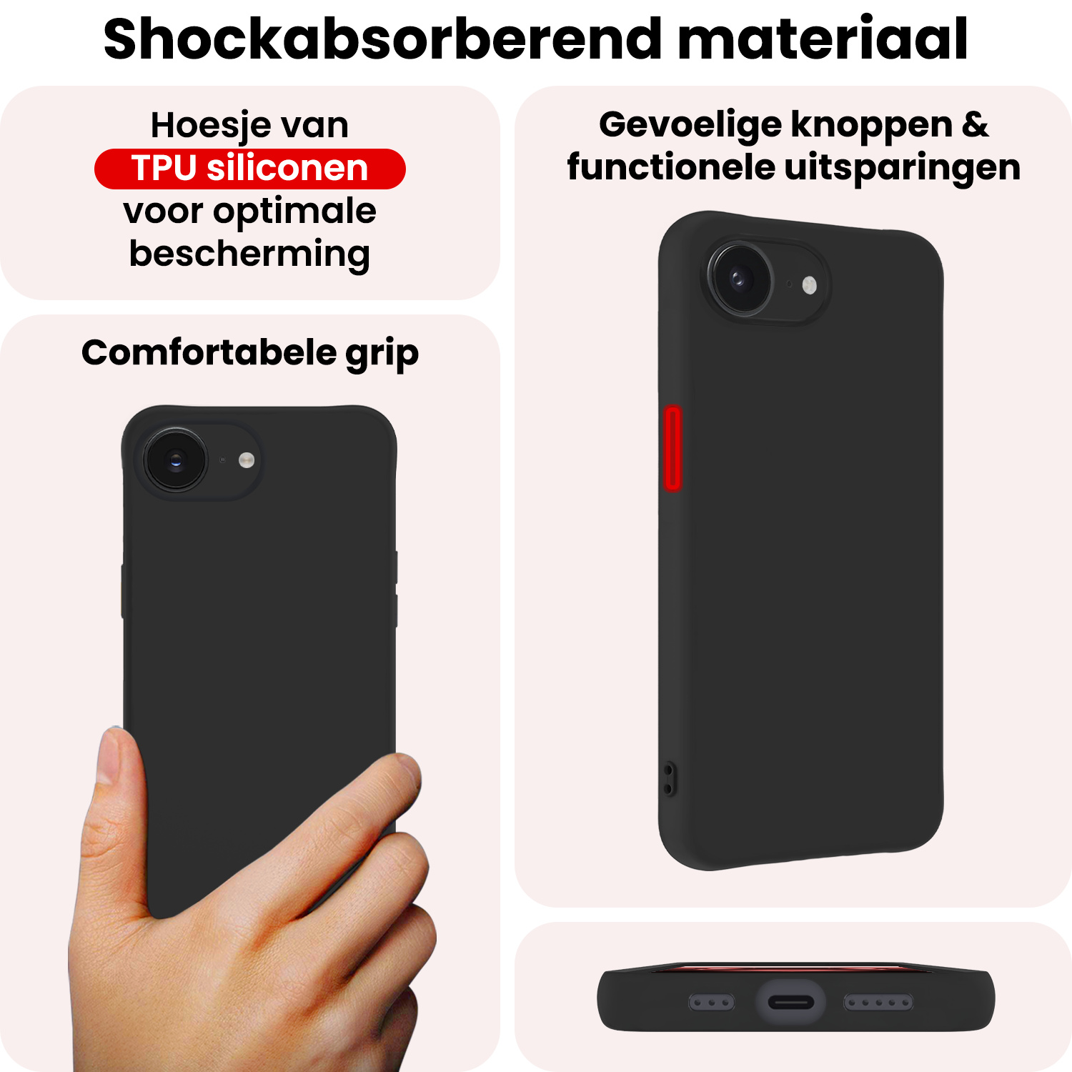 NoXx NoXx iPhone 16E Hoesje Siliconen Met 2x Screenprotector Met Dichte Notch - Zwart