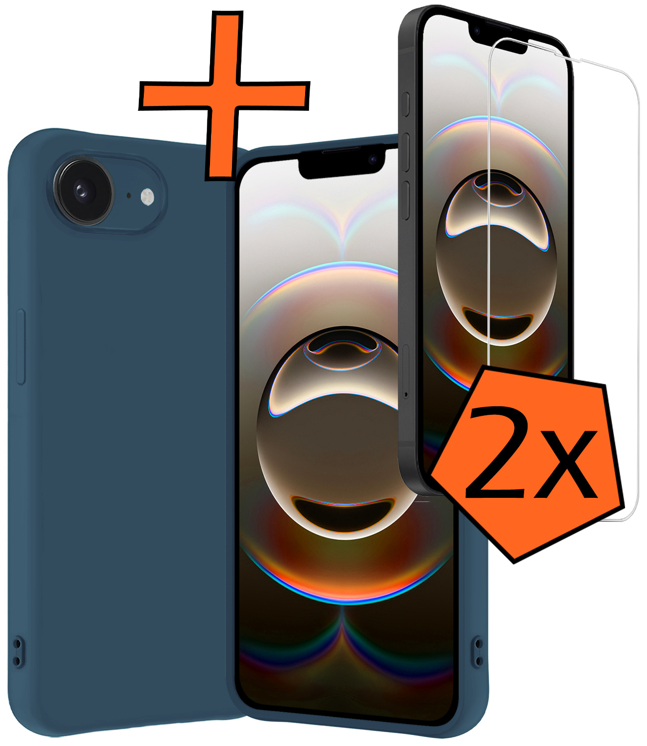 Nomfy Nomfy iPhone 16E Hoesje Siliconen Met 2x Screenprotector Met Dichte Notch - Donkerblauw