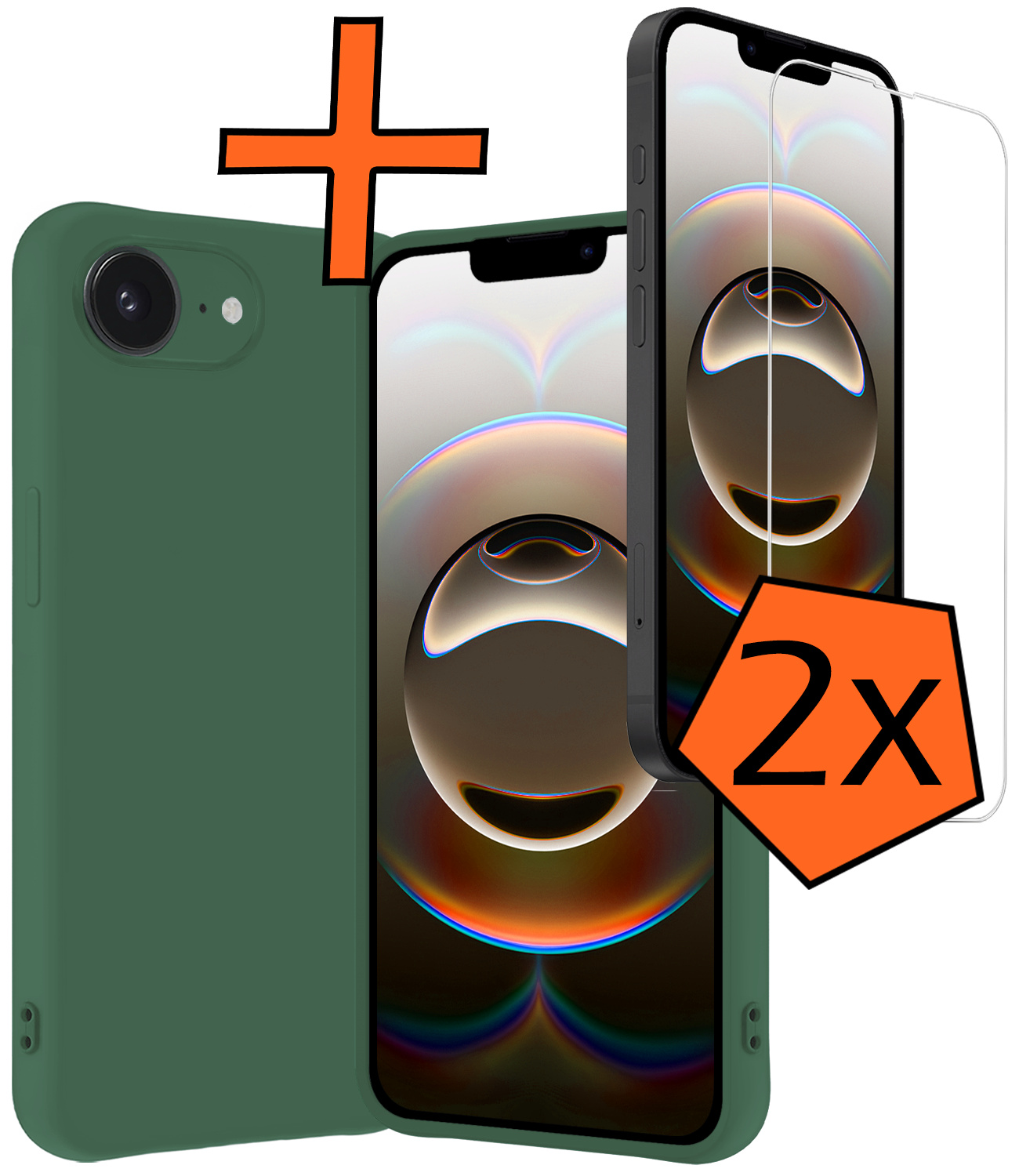 Nomfy Nomfy iPhone 16E Hoesje Siliconen Met 2x Screenprotector Met Dichte Notch - Donkergroen