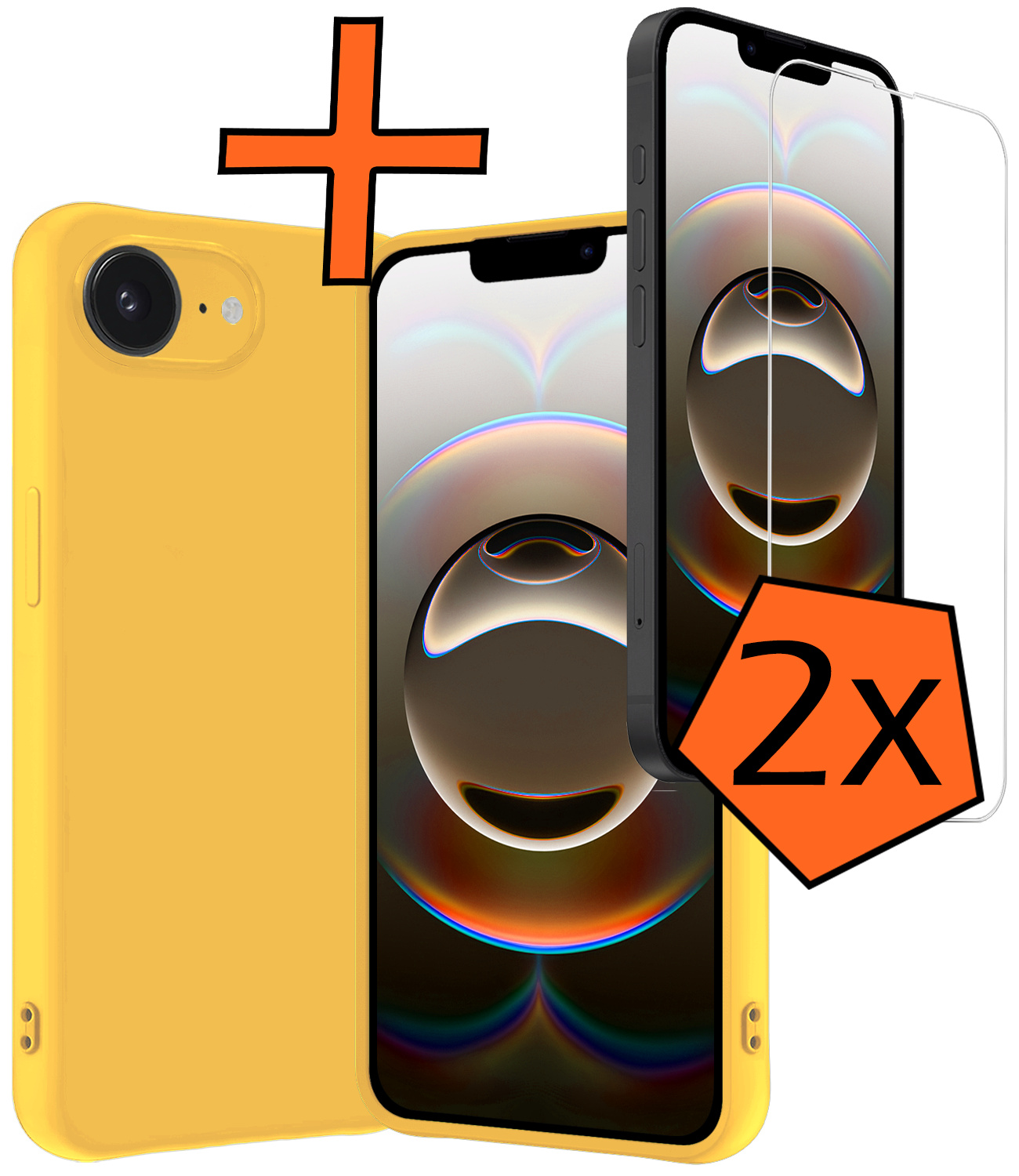 Nomfy Nomfy iPhone 16E Hoesje Siliconen Met 2x Screenprotector Met Dichte Notch - Geel