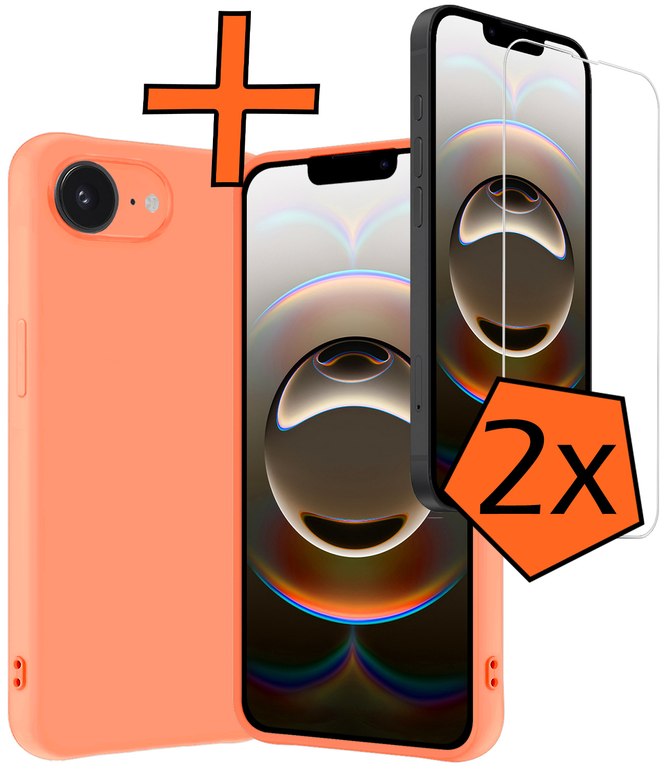 Nomfy Nomfy iPhone 16E Hoesje Siliconen Met 2x Screenprotector Met Dichte Notch - Perzik