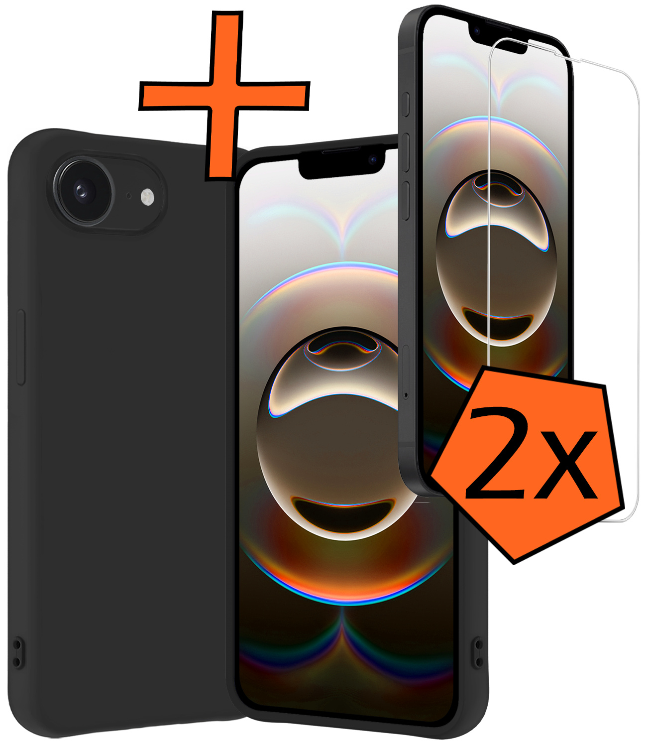 Nomfy Nomfy iPhone 16E Hoesje Siliconen Met 2x Screenprotector Met Dichte Notch - Zwart