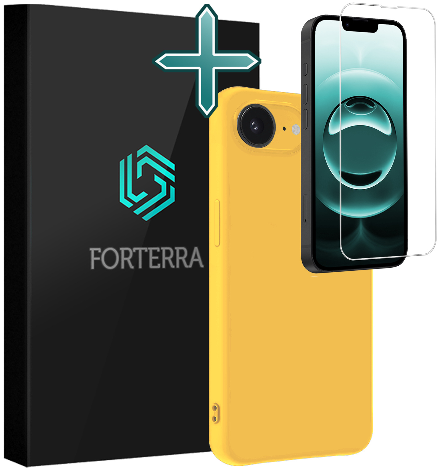 Forterra Forterra iPhone 16E Hoesje Siliconen Met Screenprotector Met Dichte Notch - Geel