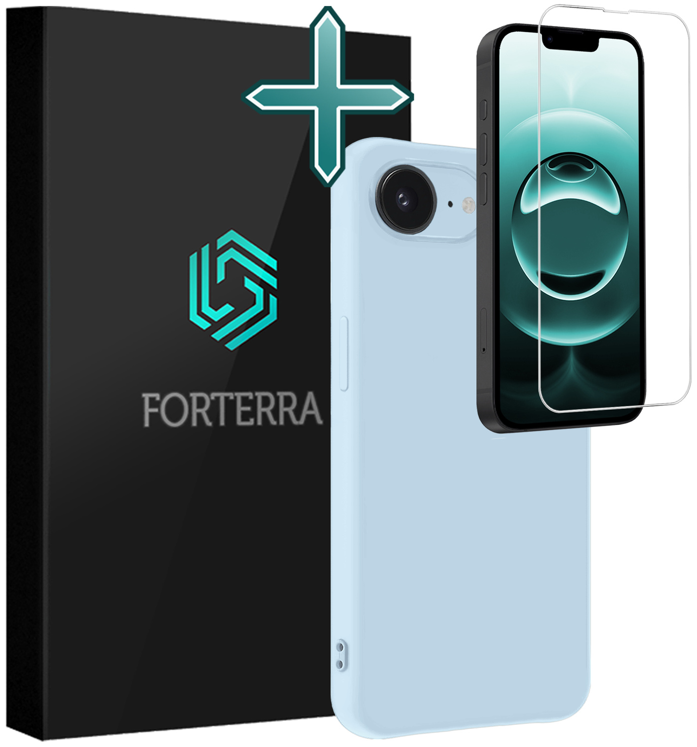 Forterra Forterra iPhone 16E Hoesje Siliconen Met Screenprotector Met Dichte Notch - Lichtblauw