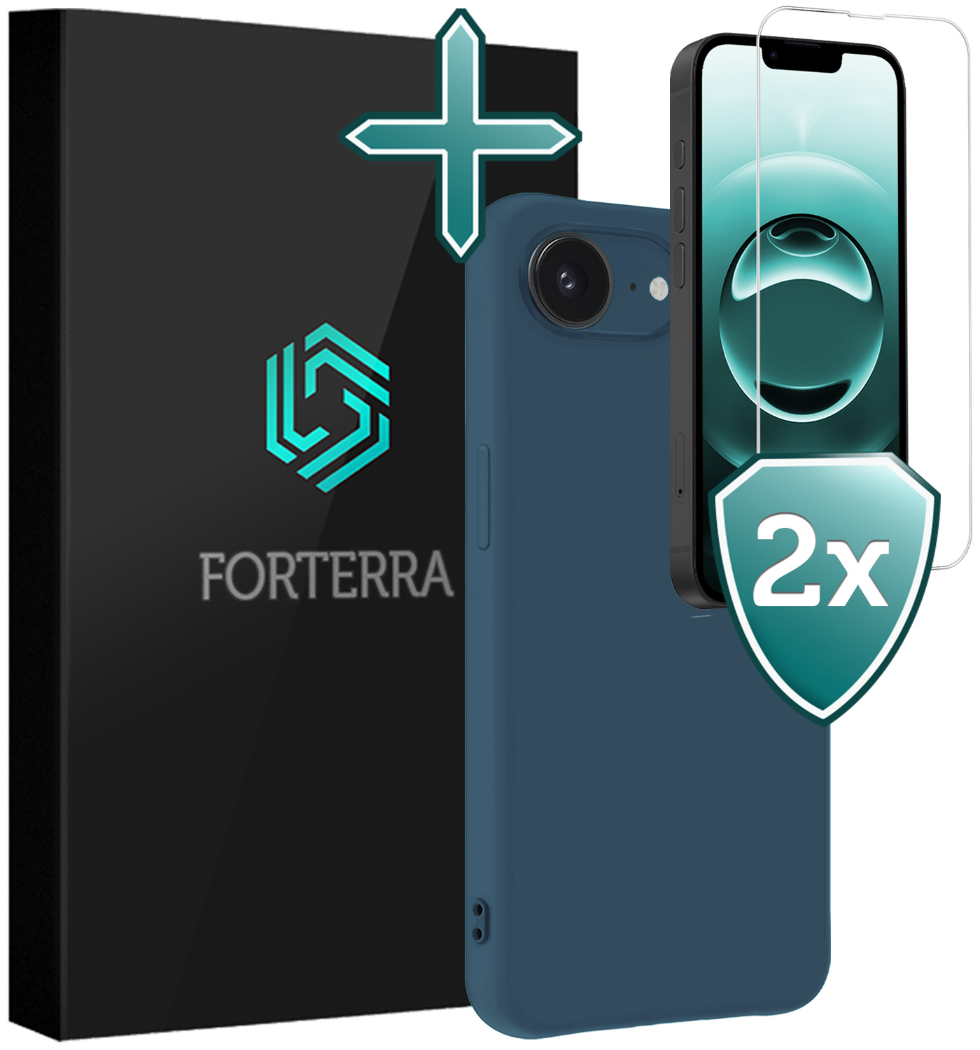 Forterra Forterra iPhone 16E Hoesje Siliconen Met 2x Screenprotector Met Dichte Notch - Donkerblauw