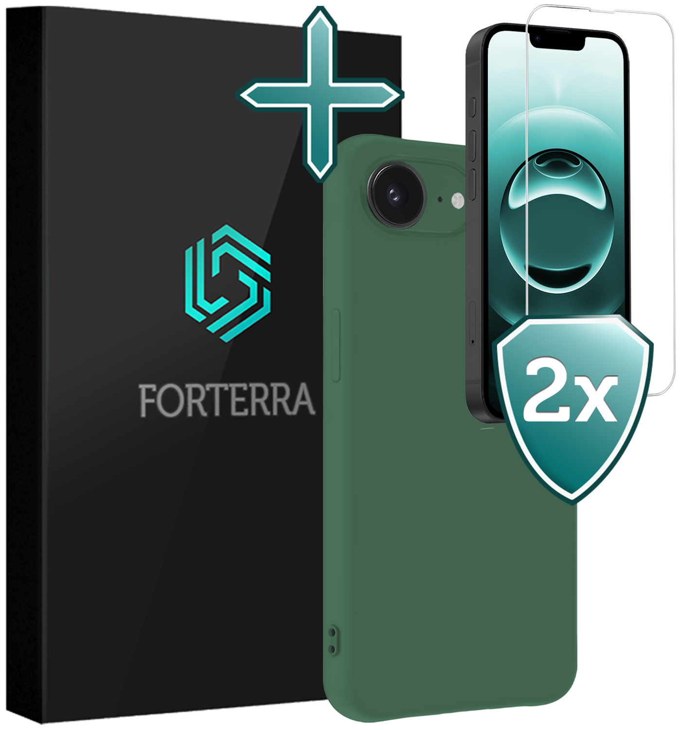 Forterra Forterra iPhone 16E Hoesje Siliconen Met 2x Screenprotector Met Dichte Notch - Donkergroen