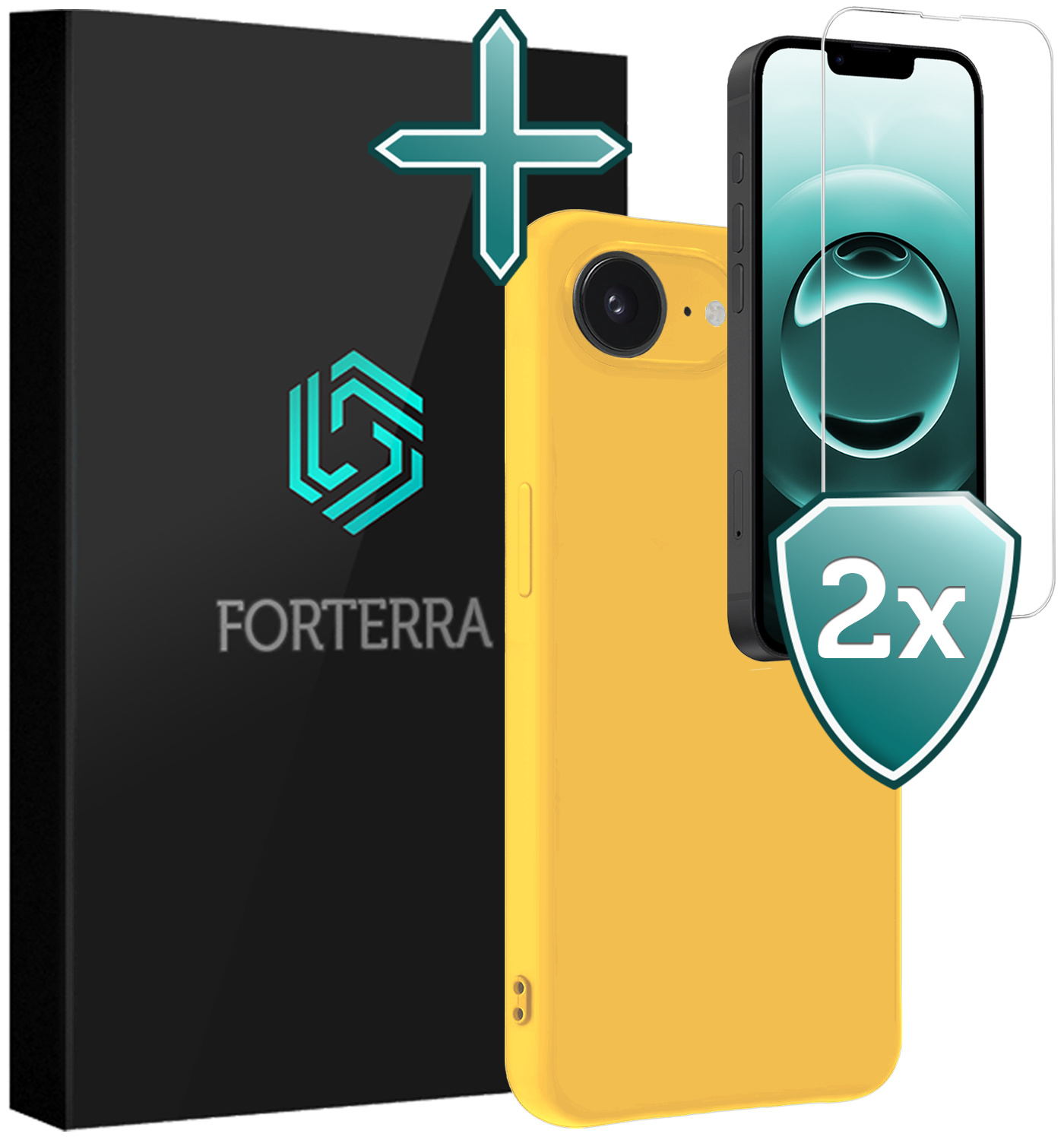 Forterra Forterra iPhone 16E Hoesje Siliconen Met 2x Screenprotector Met Dichte Notch - Geel