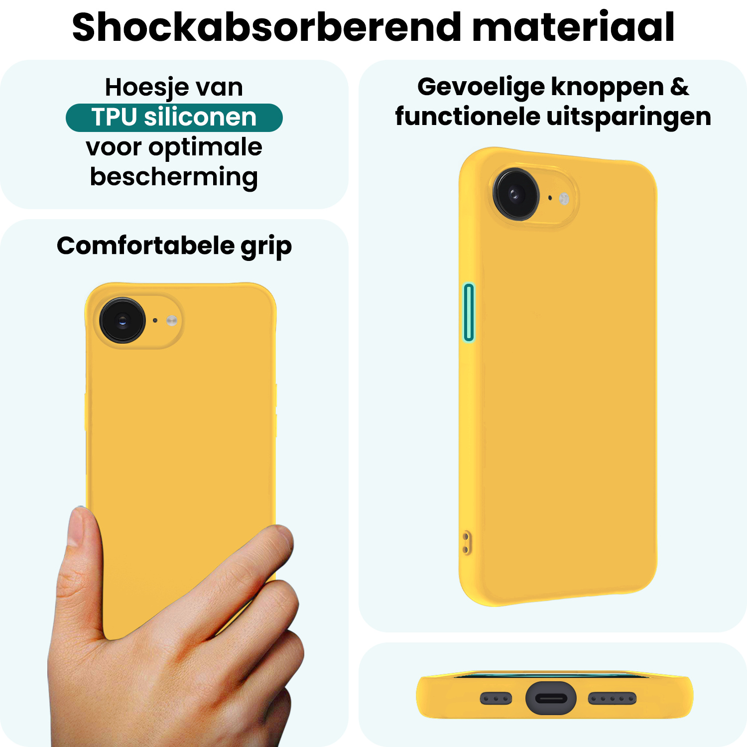 Forterra Forterra iPhone 16E Hoesje Siliconen Met 2x Screenprotector Met Dichte Notch - Geel
