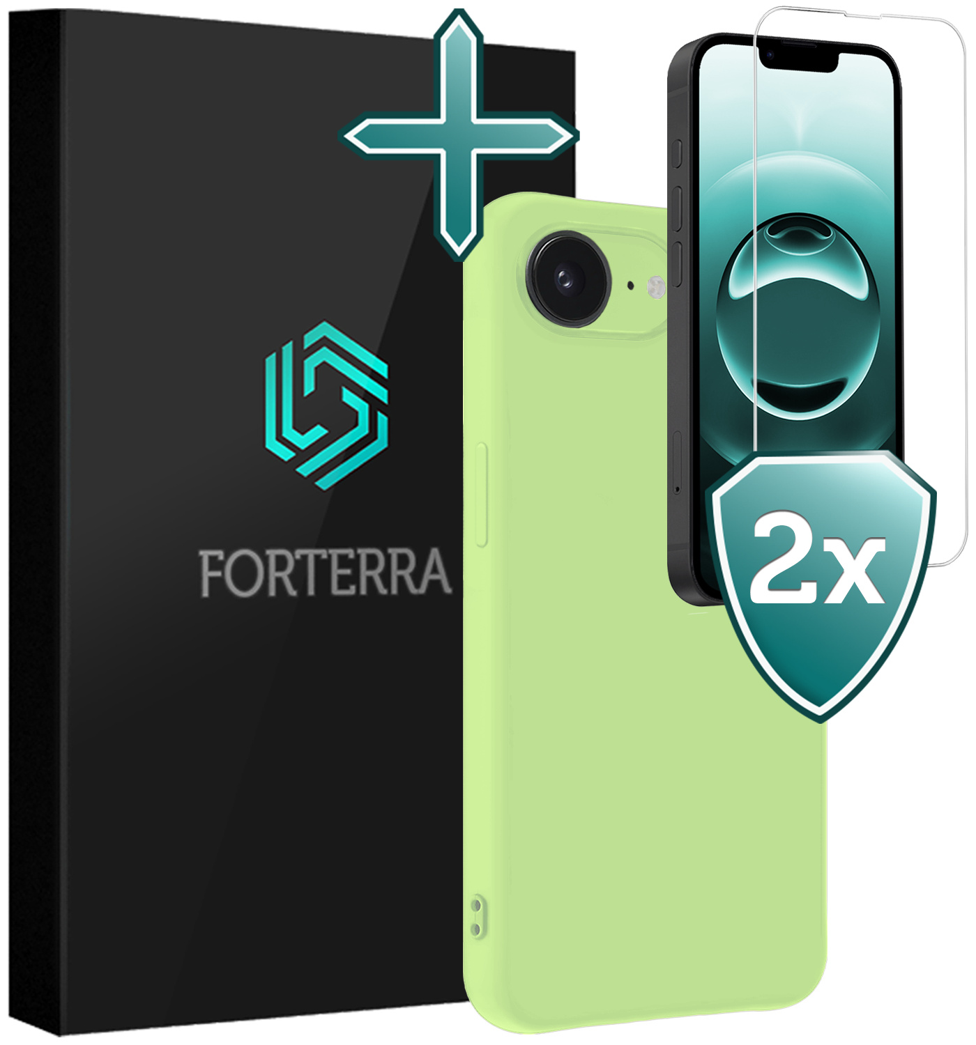 Forterra Forterra iPhone 16E Hoesje Siliconen Met 2x Screenprotector Met Dichte Notch - Groen