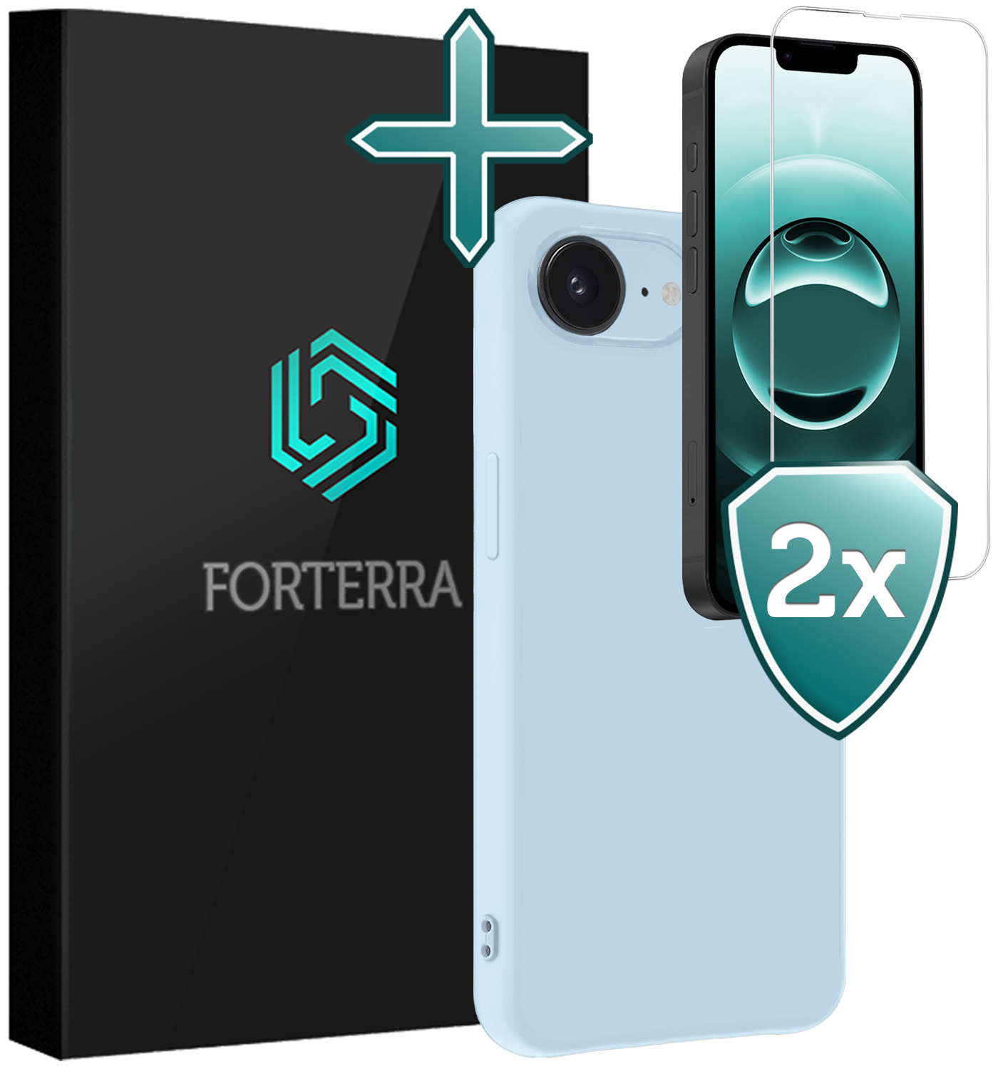 Forterra Forterra iPhone 16E Hoesje Siliconen Met 2x Screenprotector Met Dichte Notch - Lichtblauw