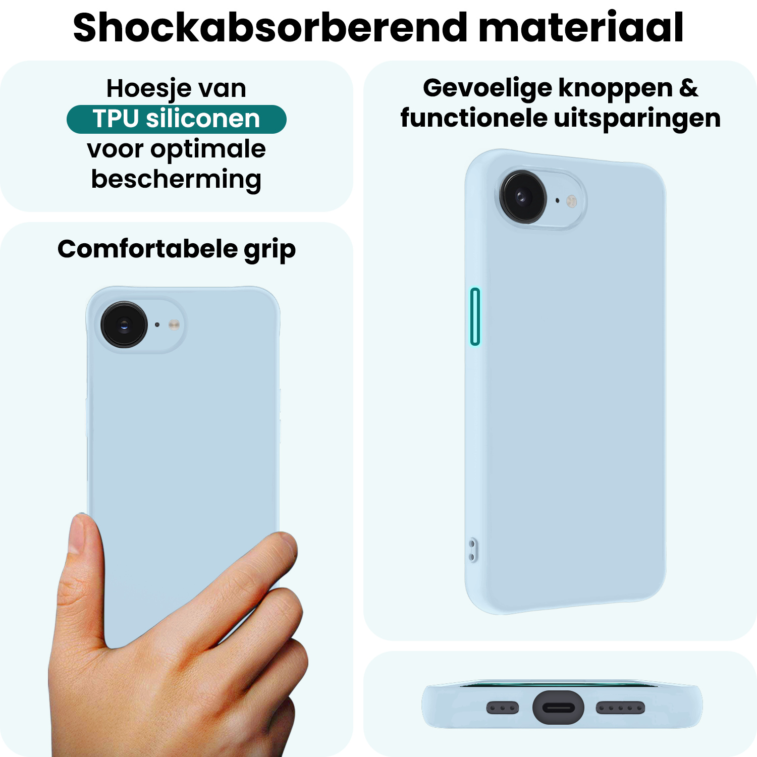 Forterra Forterra iPhone 16E Hoesje Siliconen Met 2x Screenprotector Met Dichte Notch - Lichtblauw